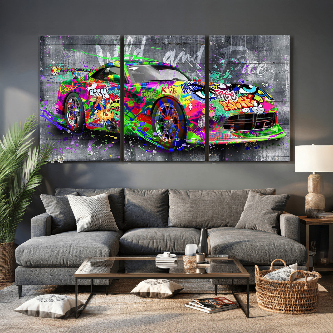 95314968-MGV-CV-36X24 - Graffiti Sports Car Street Art Wall Art Canvas Print, Colorful Urban Supercar Pop Art Canvas Print, Modern Graffiti Car Contemporary Art Printing