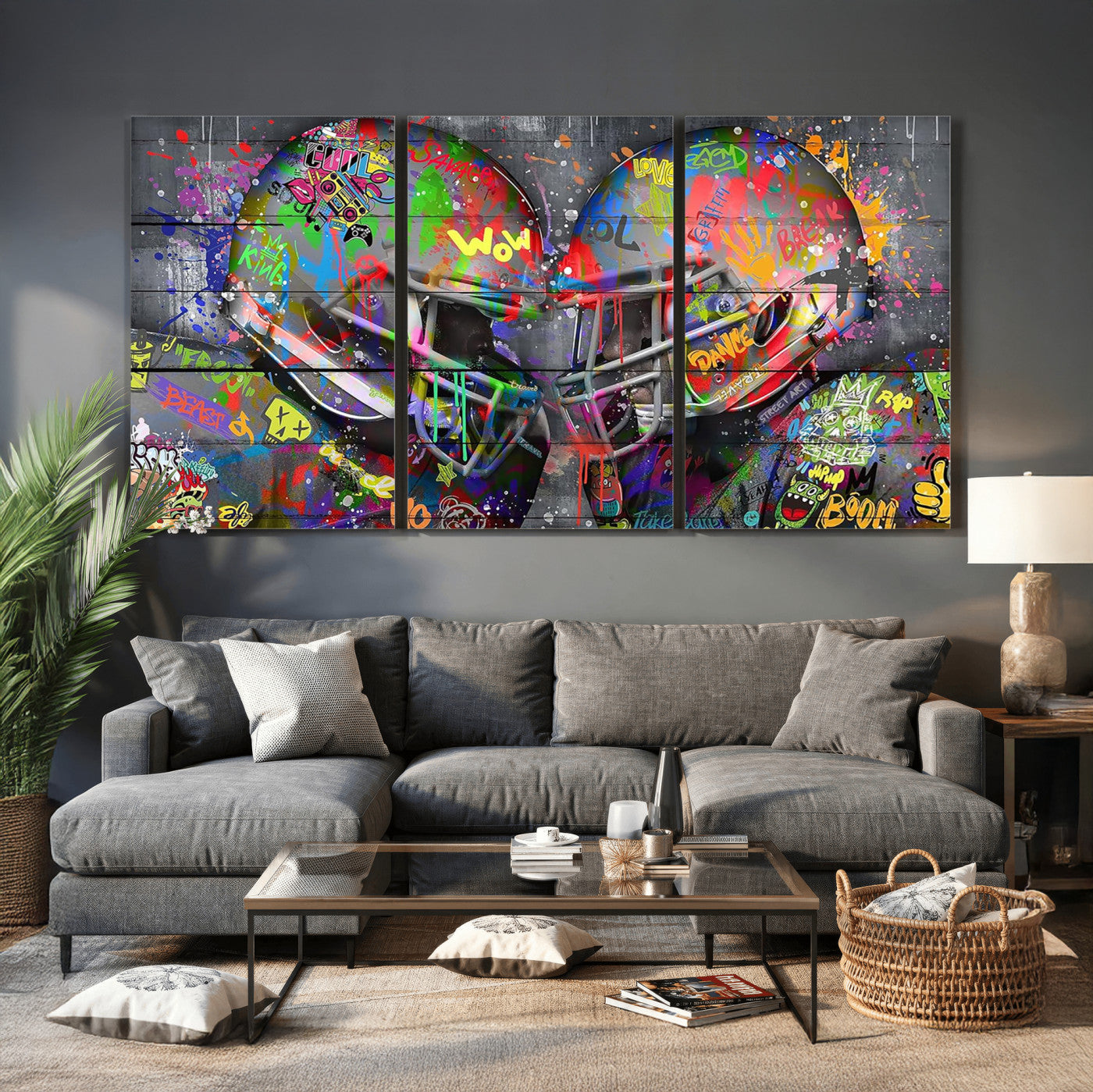 15309853-MGV-CV-36X24 - Graffiti Football Helmets Wall Art Canvas Print, Urban Street Art Sports Decor, Colorful American Football Graffiti Artwork