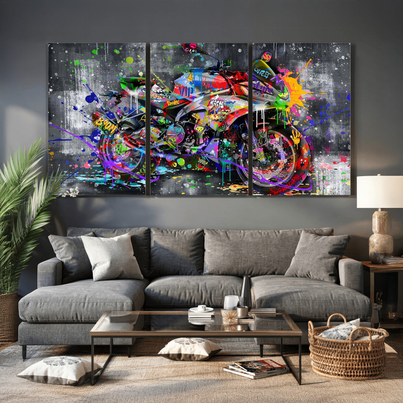 83021767-MGV-CV-36X24 - Graffiti Motorcycle Wall Art Canvas Print, Urban Street Art Motorbike Decor, Colorful Graffiti Sports Bike Artwork