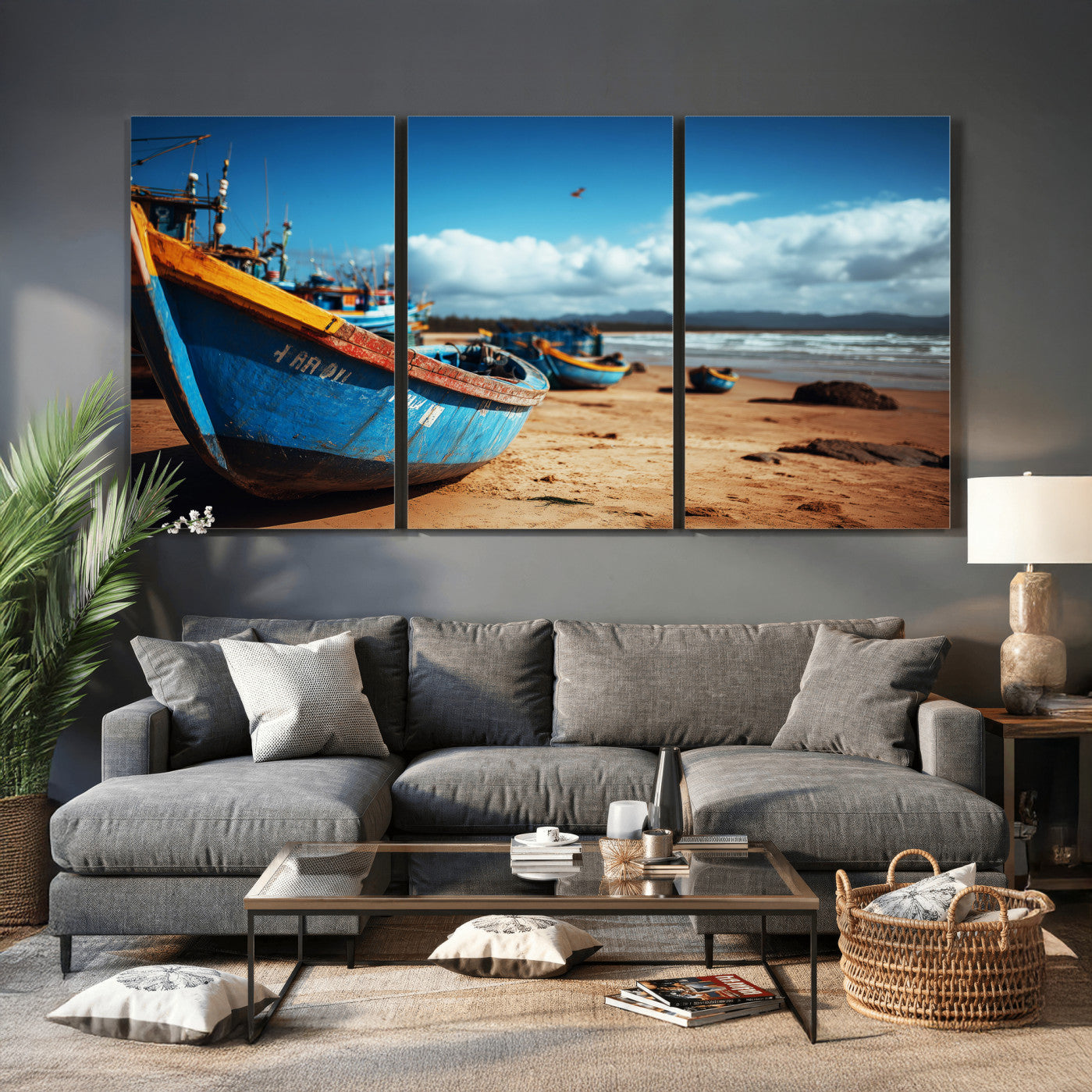70925201-MGV-CV-36X24 - Fishing Boats Wall Art Canvas Print, Coastal Boat Beach Scene, Nautical Seaside Artwork, Ocean Shore Decor, Coastal Home Wall Art