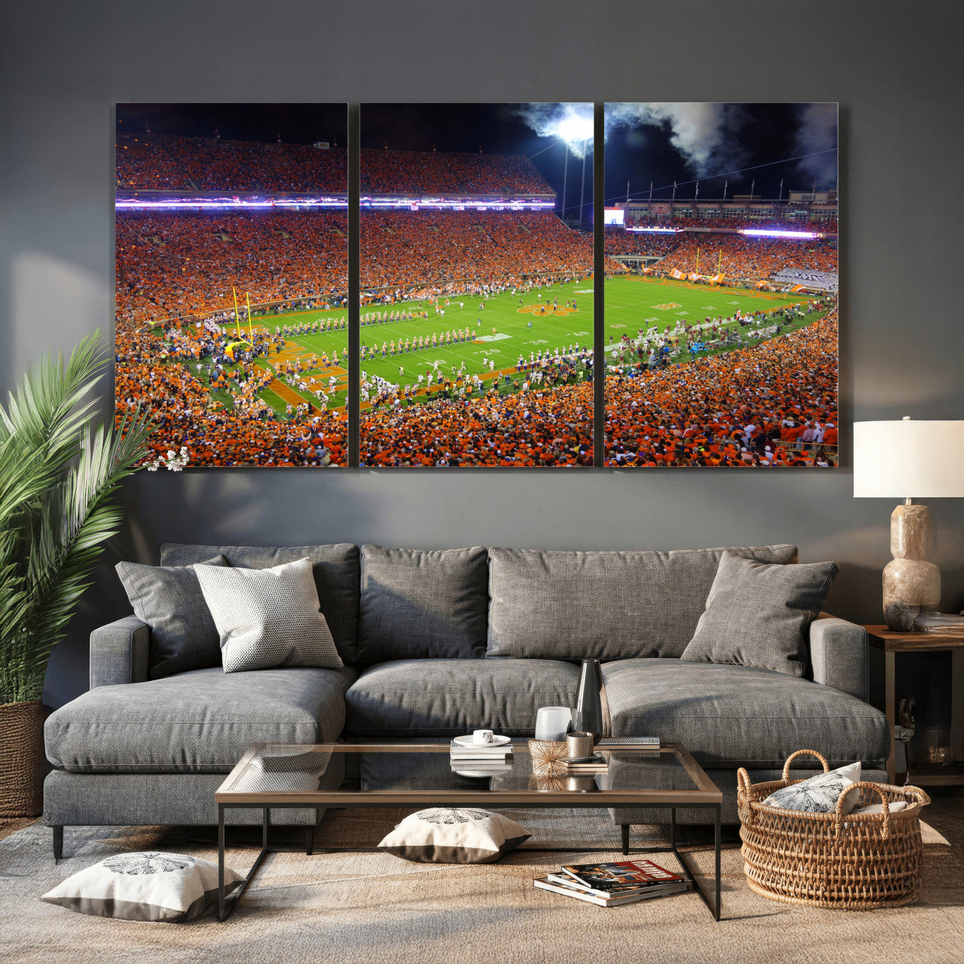 43662631-MGV-CV-36X24 - Clemson Football Stadium Wall Art Canvas Print, College Football Crowd Night Game Scene, Orange Stadium Panorama Wall Decor
