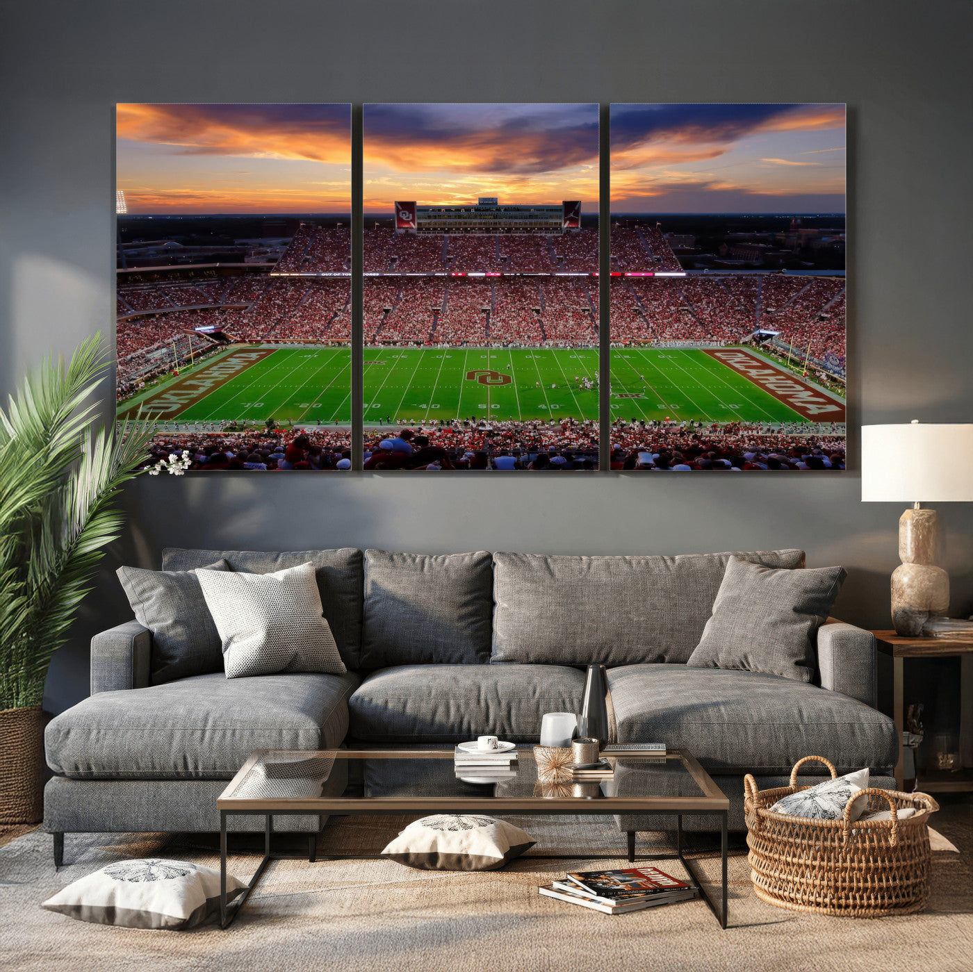51457497-MGV-CV-36X24 - Oklahoma Sooners Stadium Wall Art Canvas Print, College Football Sunset Game Scene, OU Football Field Panorama Wall Decor