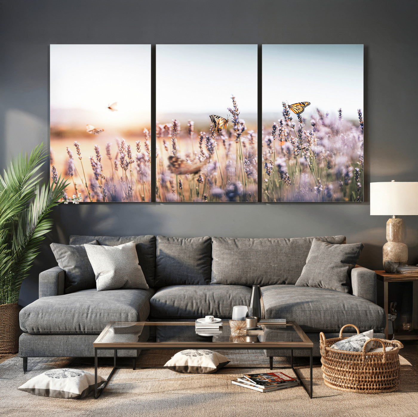 46417478-MGV-CV-36X24 - Lavender Field Wall Art Canvas Print, Butterfly Floral Landscape Art, Soft Nature Wall Decor for Bedroom