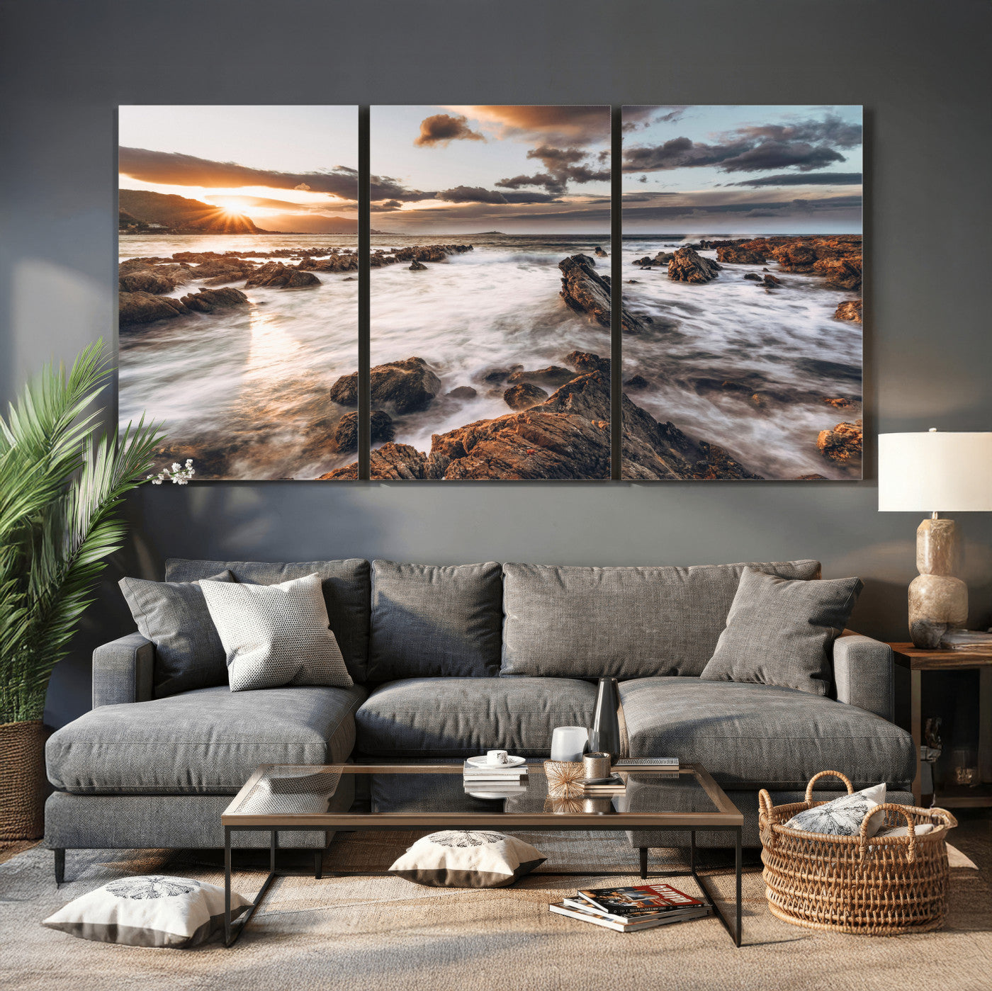 66746024-MGV-CV-36X24 - Rocky Coast Ocean Sunset Wall Art Canvas Print, Dramatic Seascape Nature Wall Decor for Living Room and Office