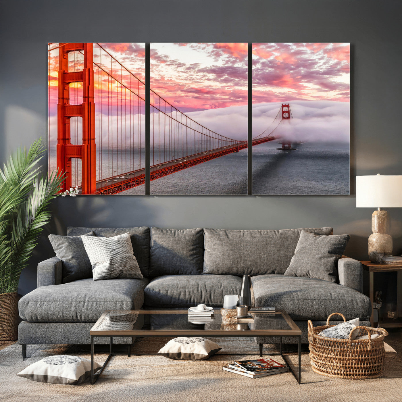 58813635-MGV-CV-36X24 - Golden Gate Bridge Wall Art Canvas Print, San Francisco City Landmark Wall Decor, Foggy Sunset Bridge Artwork, Modern Cityscape Canvas Wall Art, Framed Canvas Wall Art Ready to Hang