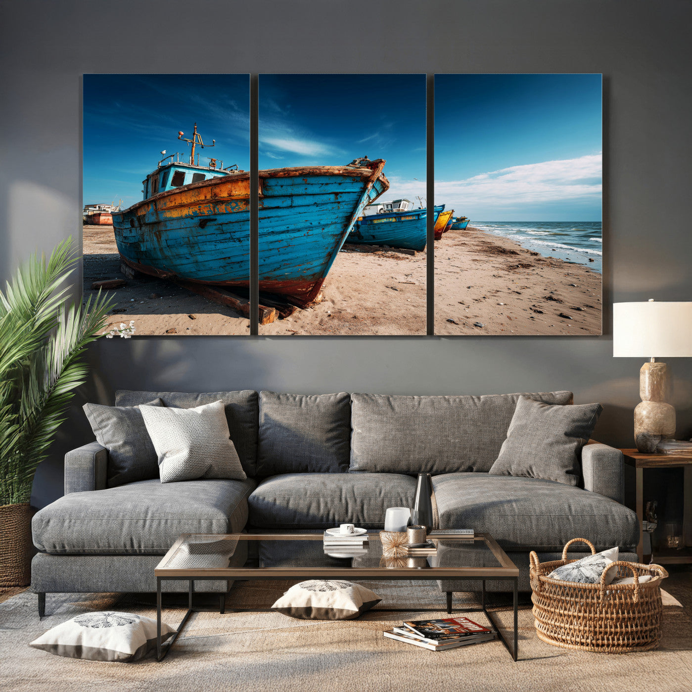 99726300-MGV-CV-36X24 - Coastal Fishing Boats Wall Art Canvas Print, Sunset Beach Boat Scene, Rustic Seaside Landscape Artwork, Calm Ocean Shore Wall Art