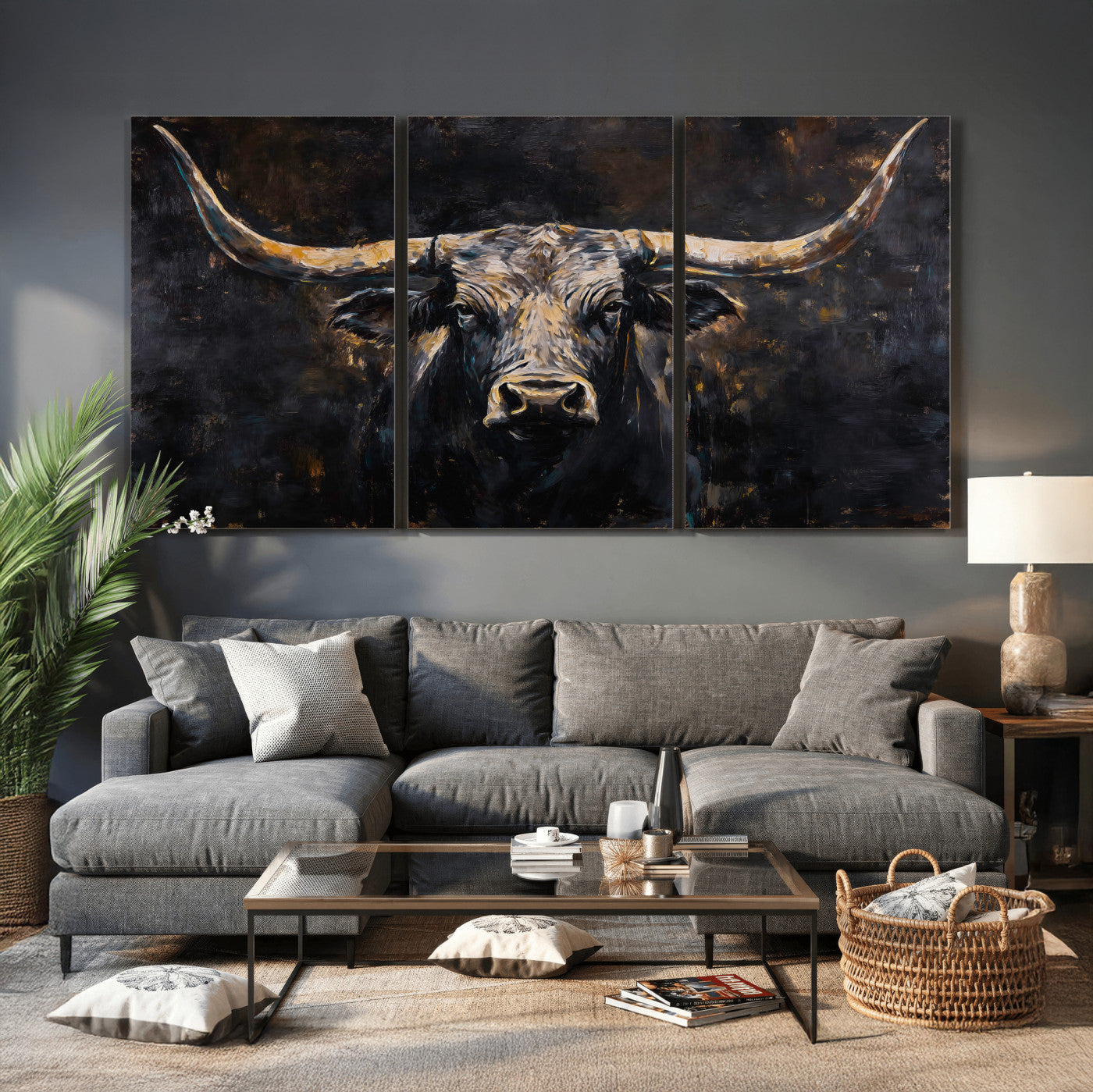 17622011-MGV-CV-36X24 - Abstract Longhorn Bull Wall Art Canvas Print – Dark Rustic Western Cattle Artwork for Farmhouse, Ranch, Cabin, and Office Decor