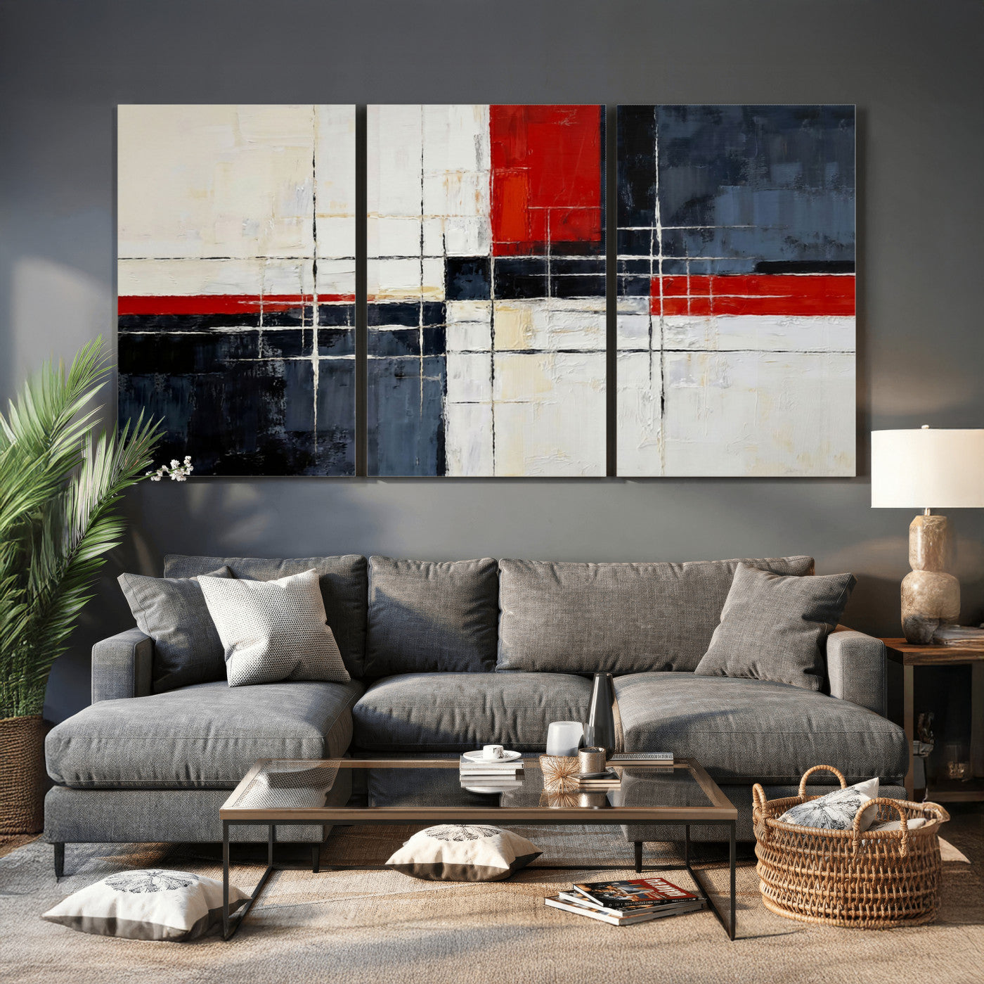 44088165-MGV-CV-36X24 - Navy Red Abstract Wall Art Canvas Print, Modern Luxury Geometric Painting Wall Decor for Living Room and Office