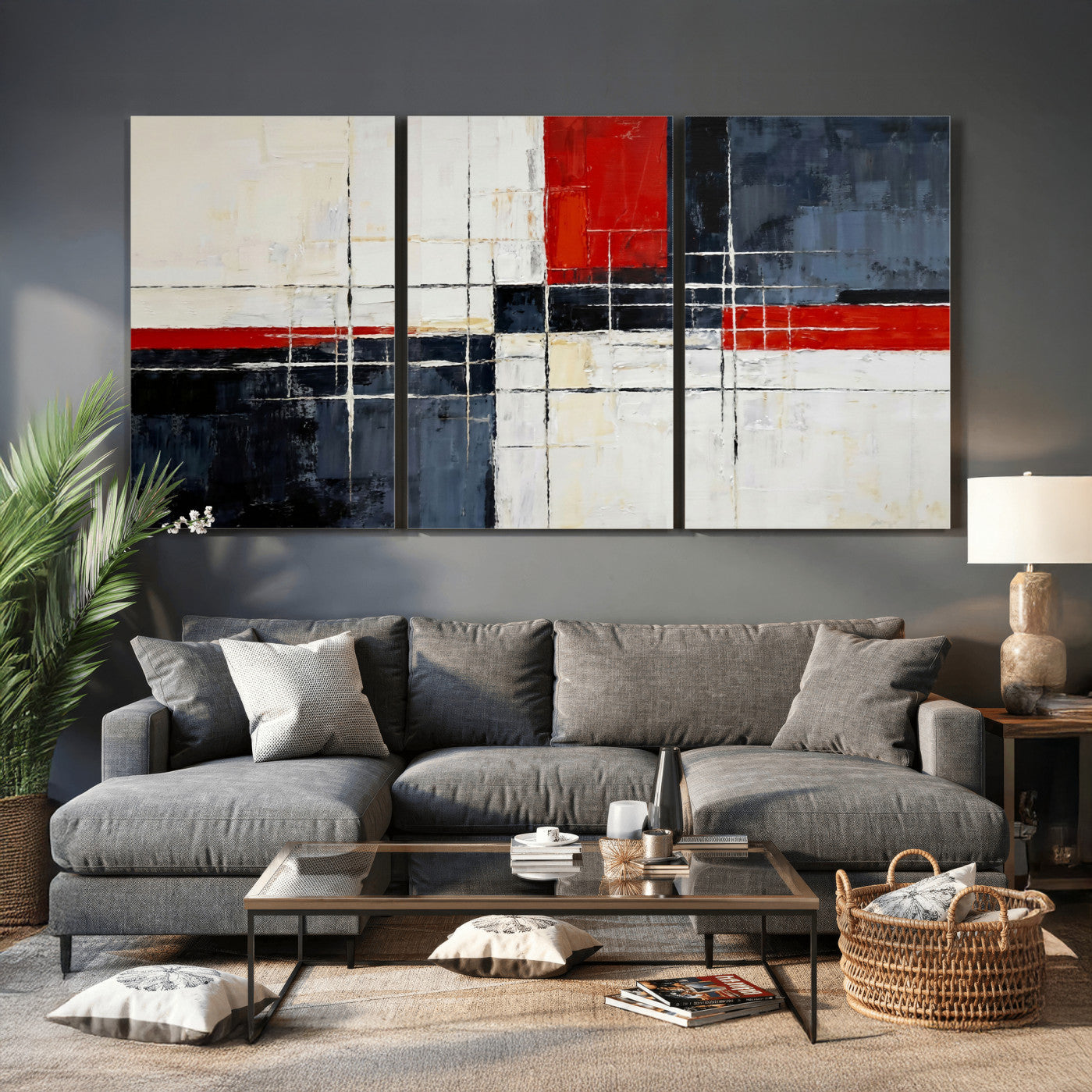 11921181-MGV-CV-36X24 - Navy Red Abstract Wall Art Canvas Print, Modern Luxury Geometric Painting Wall Decor for Living Room and Office