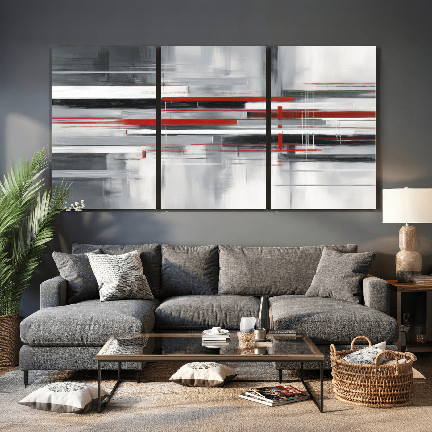 62640681-MGV-CV-36X24 - Gray Red Abstract Wall Art Canvas Print, Modern Abstract Canvas Wall Decor for Contemporary Living Room and Office