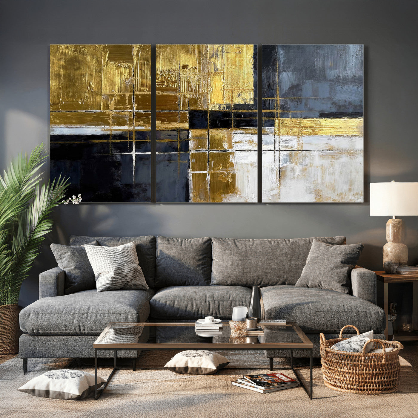 76917030-MGV-CV-36X24 - Gold Navy Abstract Wall Art Canvas Print, Modern Luxury Geometric Painting Wall Decor for Living Room and Office