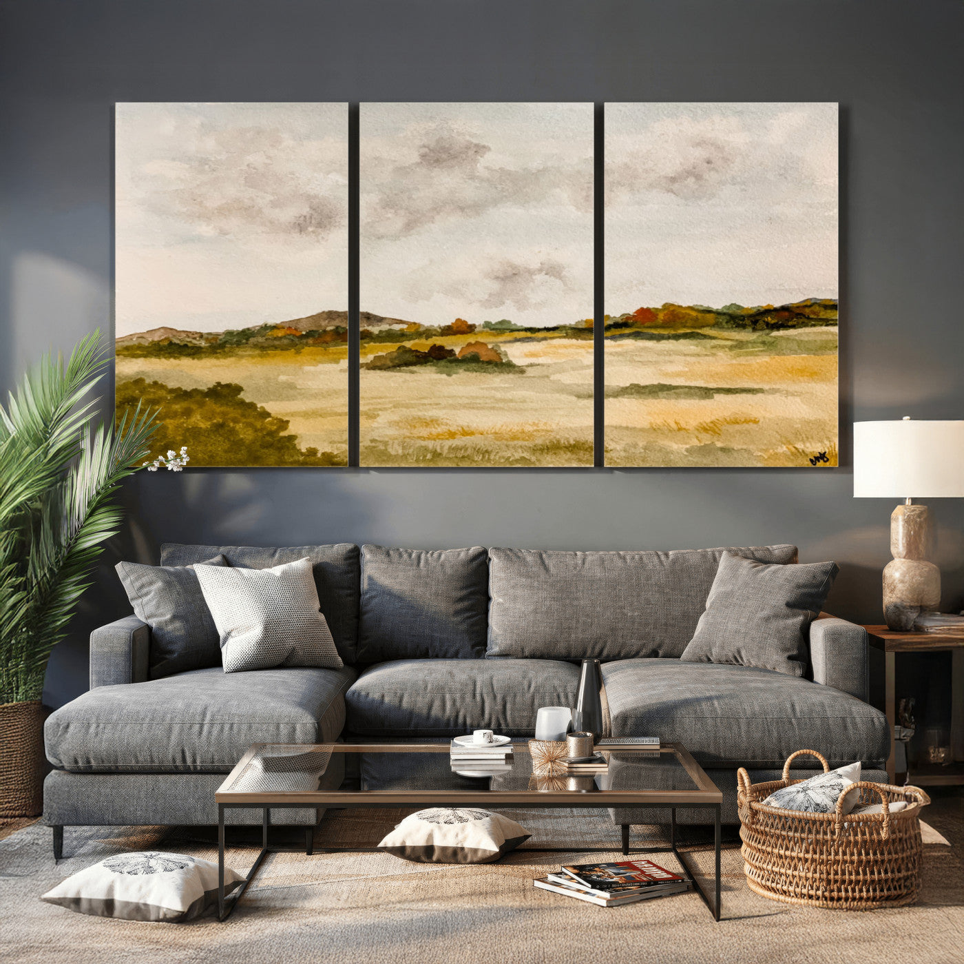94151004-MGV-CV-36X24 - Watercolor Abstract Countryside Wall Art Canvas Print, Neutral Pastoral Landscape Painting Wall Decor for Modern Farmhouse Interiors