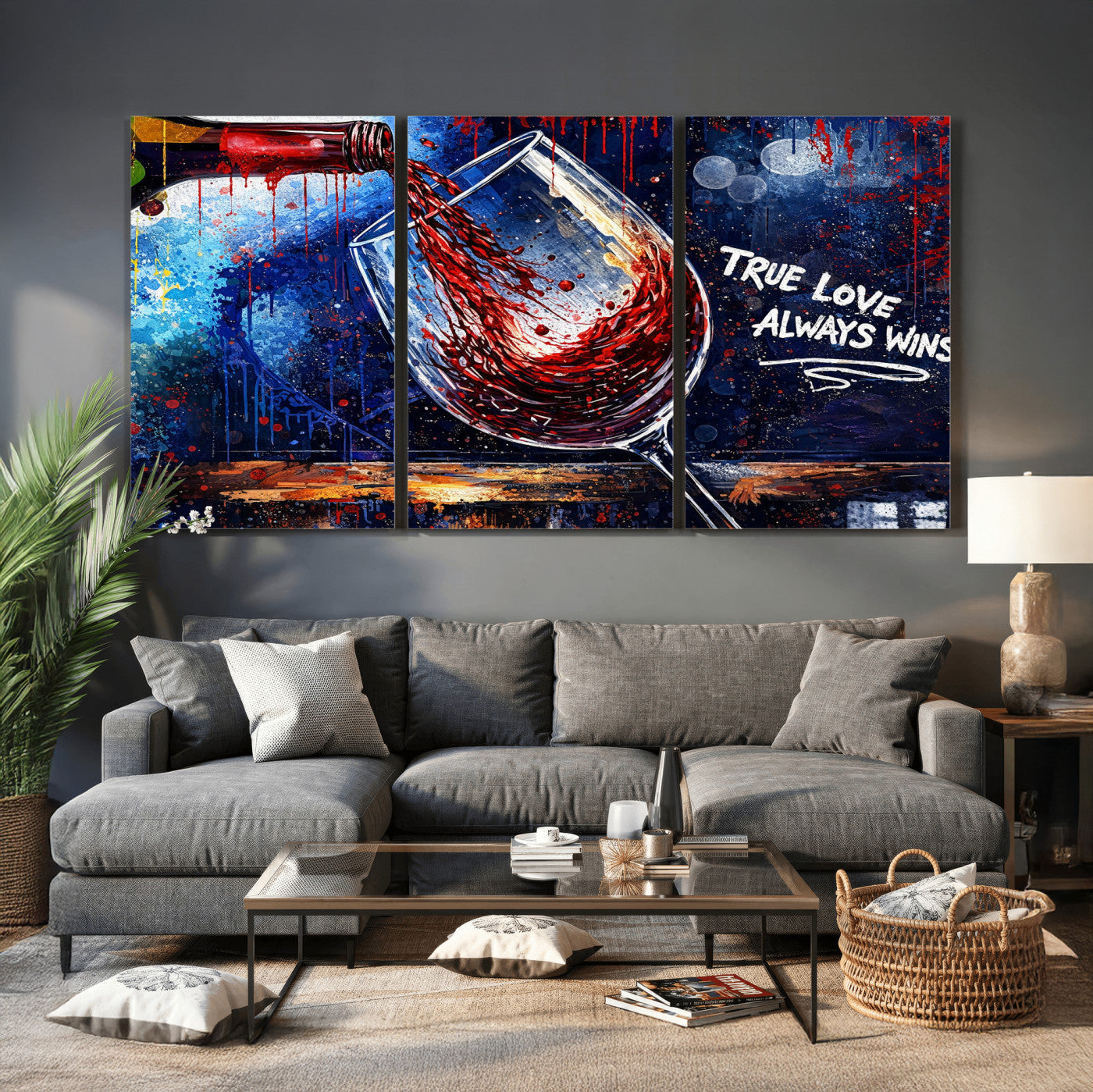 88788932-MGV-CV-36X24 - Red Wine Splash Abstract Wall Art Canvas Print, Modern Wine Glass Painting Canvas Print, Romantic Quote Contemporary Bar Art Print