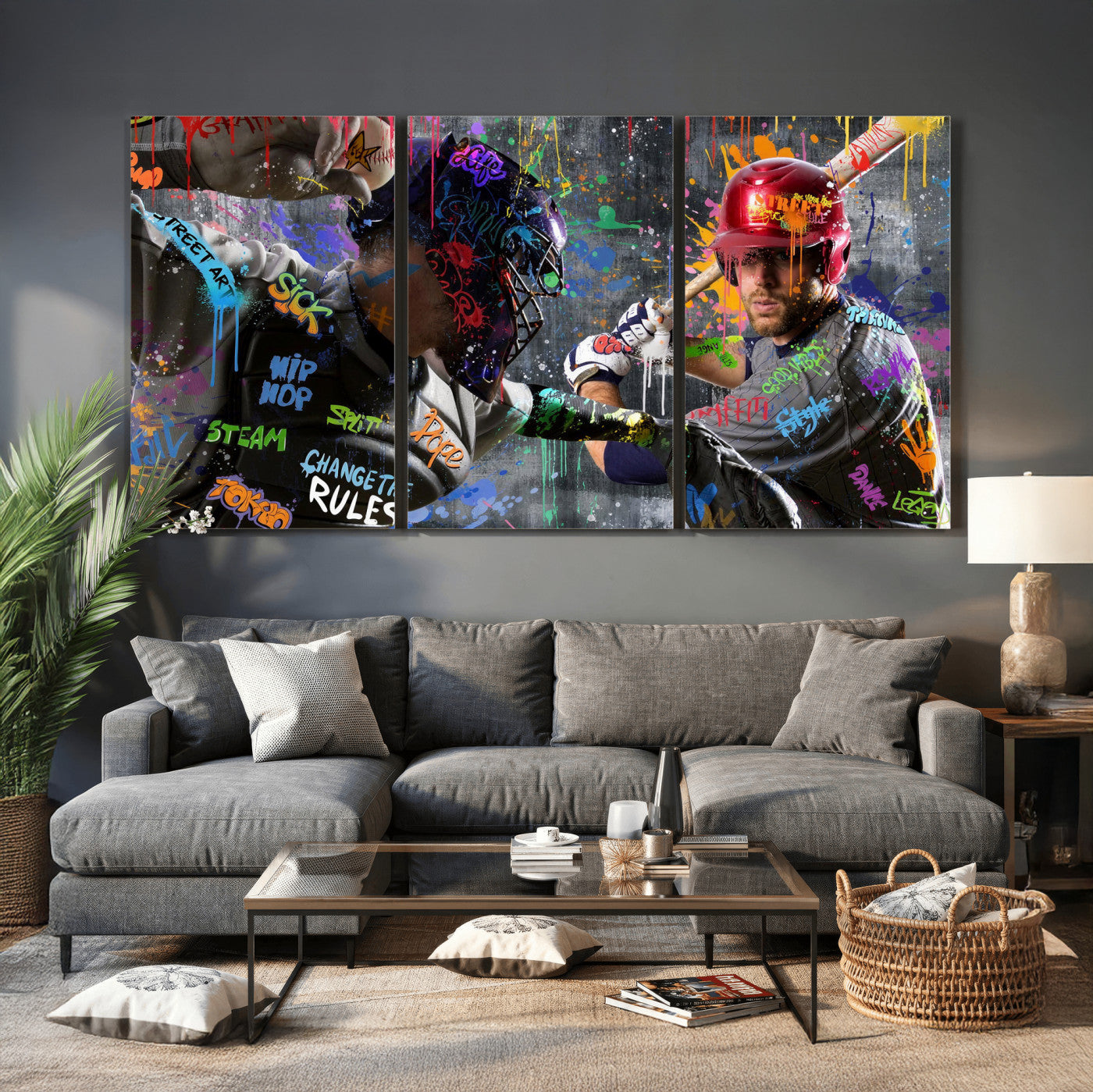19634994-MGV-CV-36X24 - Graffiti Baseball Player Street Art Wall Art Canvas Print, Urban Sports Pop Art Baseball Canvas Print, Modern Athletic Graffiti Contemporary Art Printing
