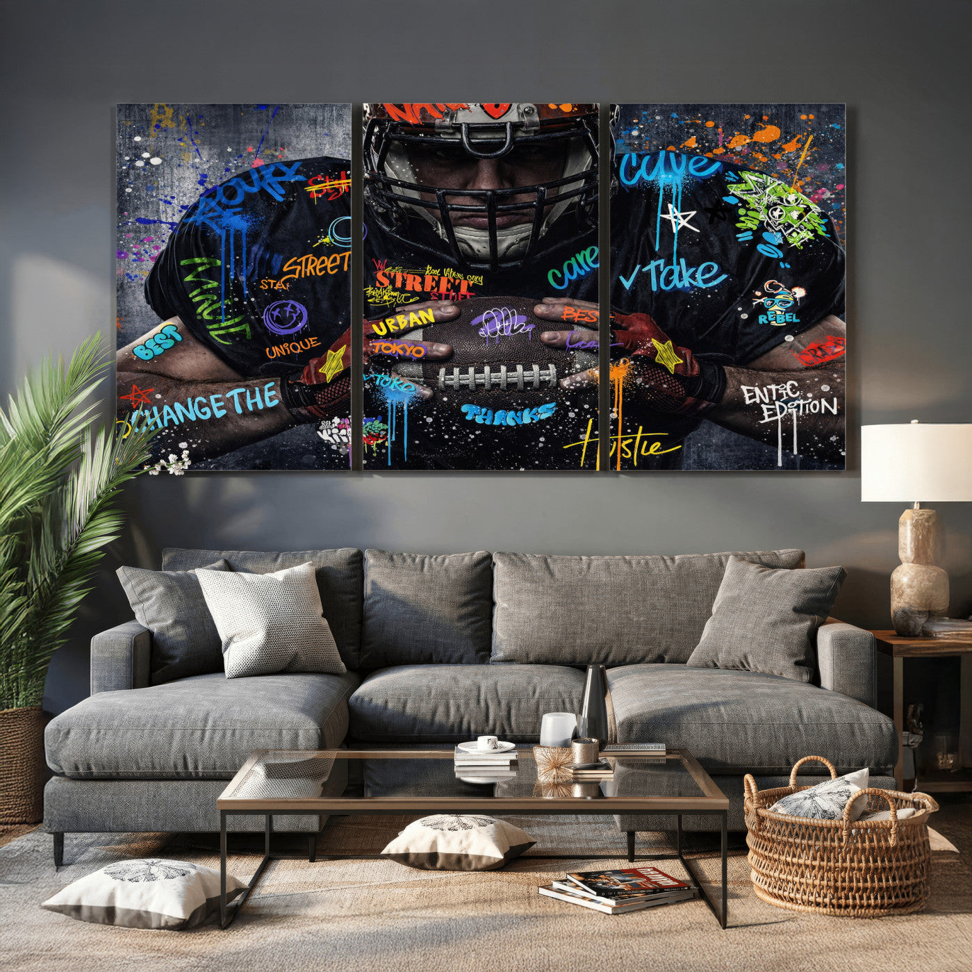 55267256-MGV-CV-36X24 - Graffiti American Football Player Street Art Wall Art Canvas Print, Urban Sports Pop Art Football Canvas Print, Modern Athletic Graffiti Contemporary Art Printing