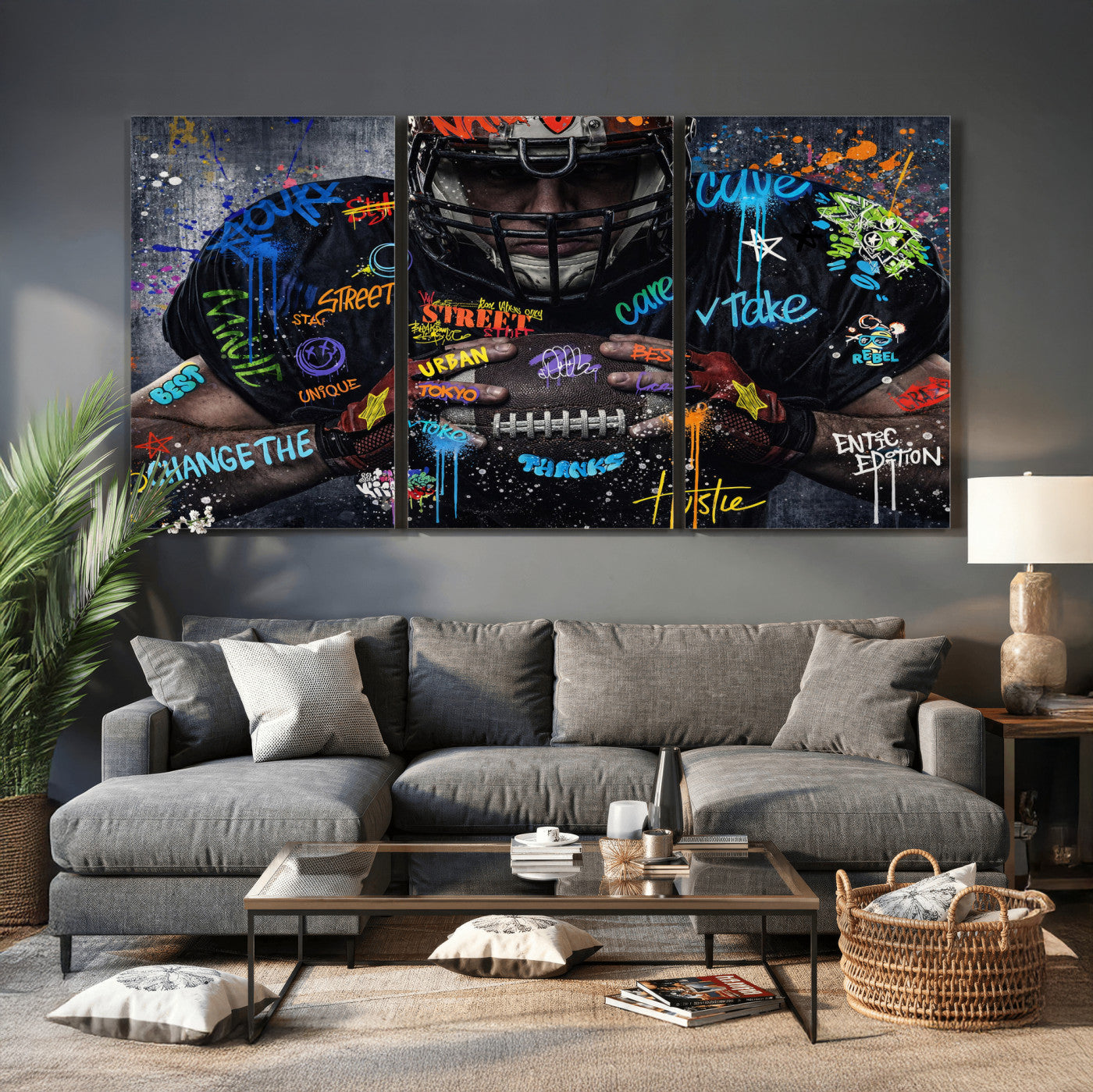 55267256-MGV-CV-36X24 - Graffiti American Football Player Street Art Wall Art Canvas Print, Urban Sports Pop Art Football Canvas Print, Modern Athletic Graffiti Contemporary Art Printing