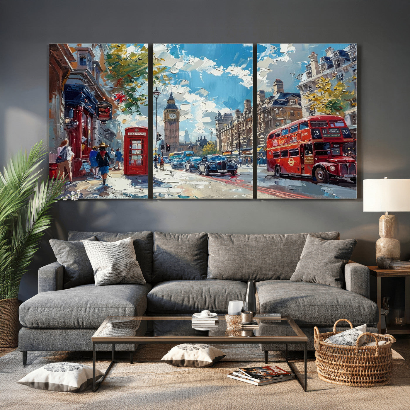 17630888-MGV-CV-36X24 - Modern London City Street Wall Art Canvas Print, Big Ben & Red Bus Artwork Canvas Print