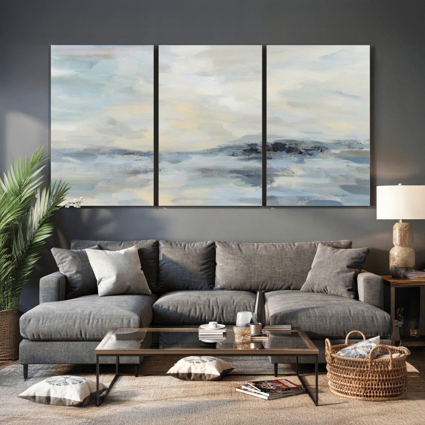 24647355-MGV-CV-36X24 - Abstract Coastal Landscape Wall Art Canvas Print – Soft Blue Gray Minimalist Painting