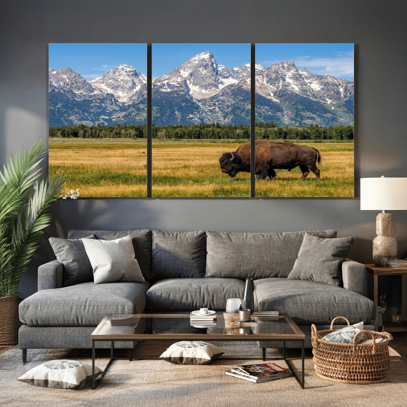 20424529-MGV-CV-36X24 - Bison in Mountain Landscape Wall Art Canvas Print – Western Wildlife Artwork for Rustic Living Room Decor