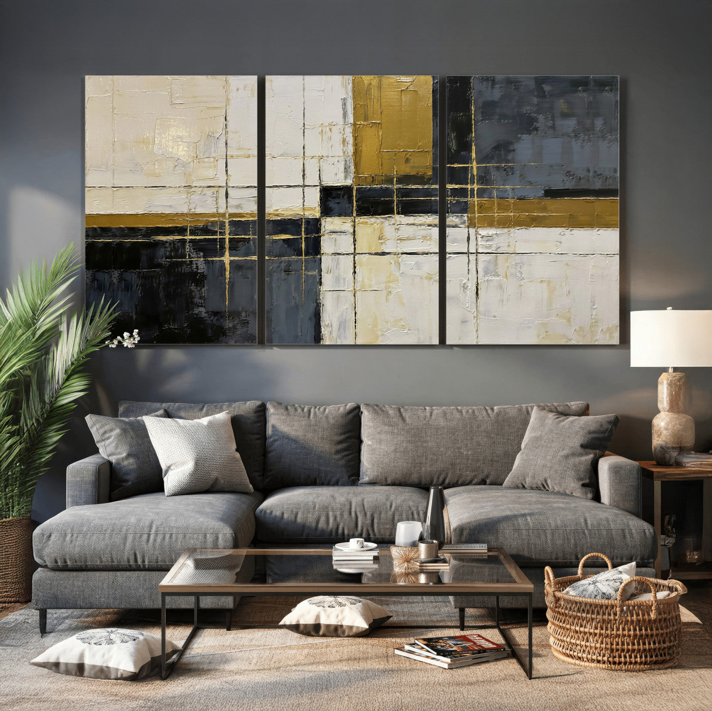 36097945-MGV-CV-36X24 - Abstract Gold and Black Wall Art Canvas Print – Modern Geometric Neutral Artwork for Living Room Decor