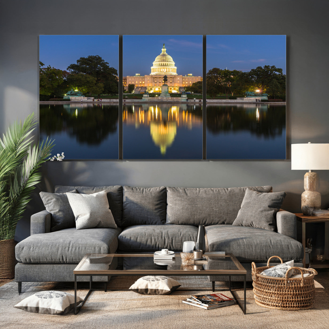 95568590-MGV-CV-36X24 - US Capitol Building Wall Art Canvas Print – Washington DC Landmark Night Reflection Artwork for Office Decor
