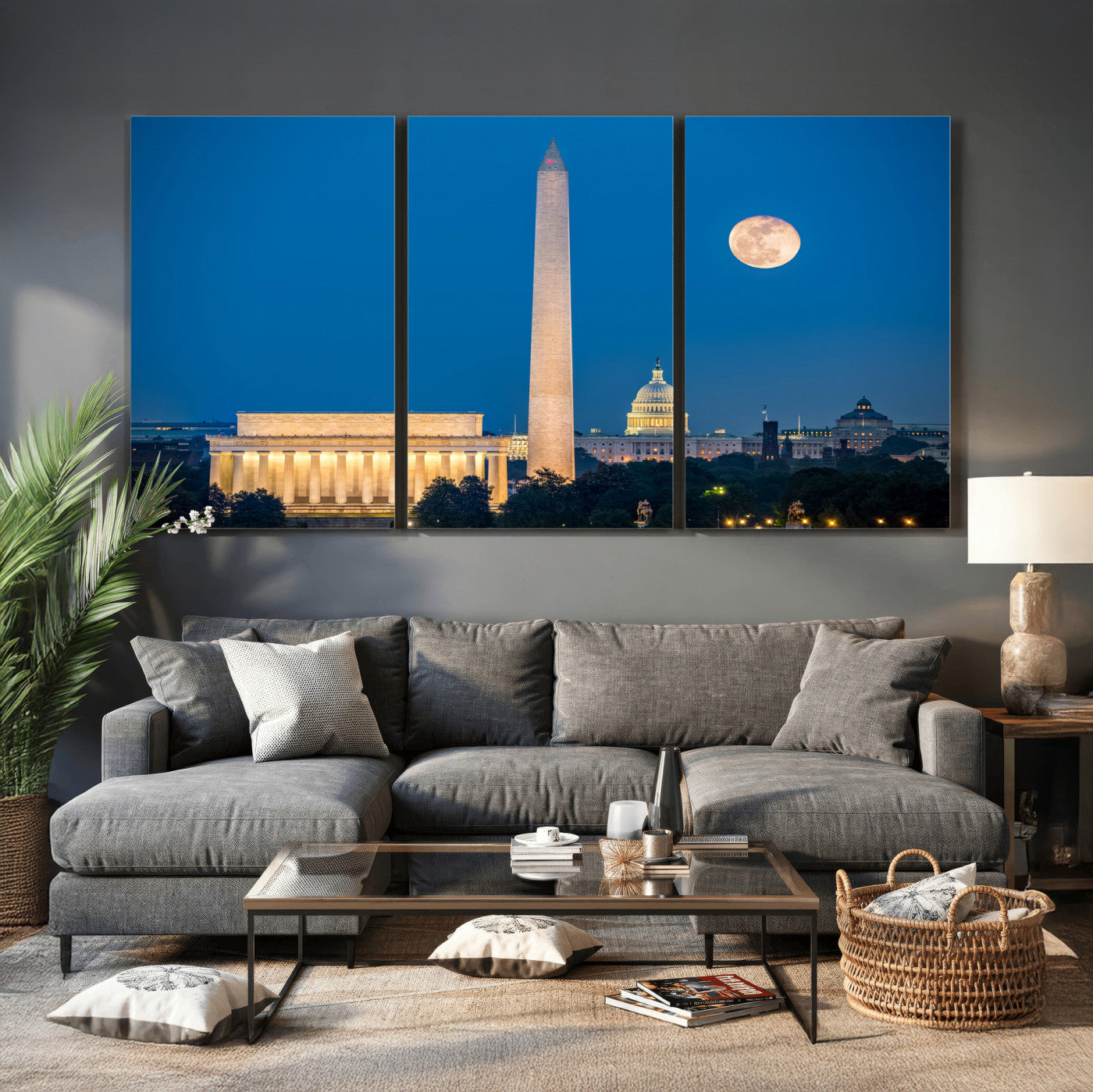 96712946-MGV-CV-36X24 - Washington DC Skyline Wall Art Canvas Print – Lincoln Memorial, Washington Monument and US Capitol Night Cityscape Artwork