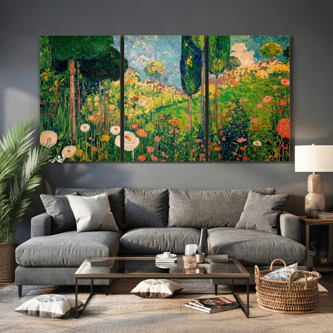 83517974-MGV-CV-36X24 - Gustav Klimt Boho Mountain Landscape Large Wall Art, Horizontal Gold Framed Canvas Print with Sun and Flowers