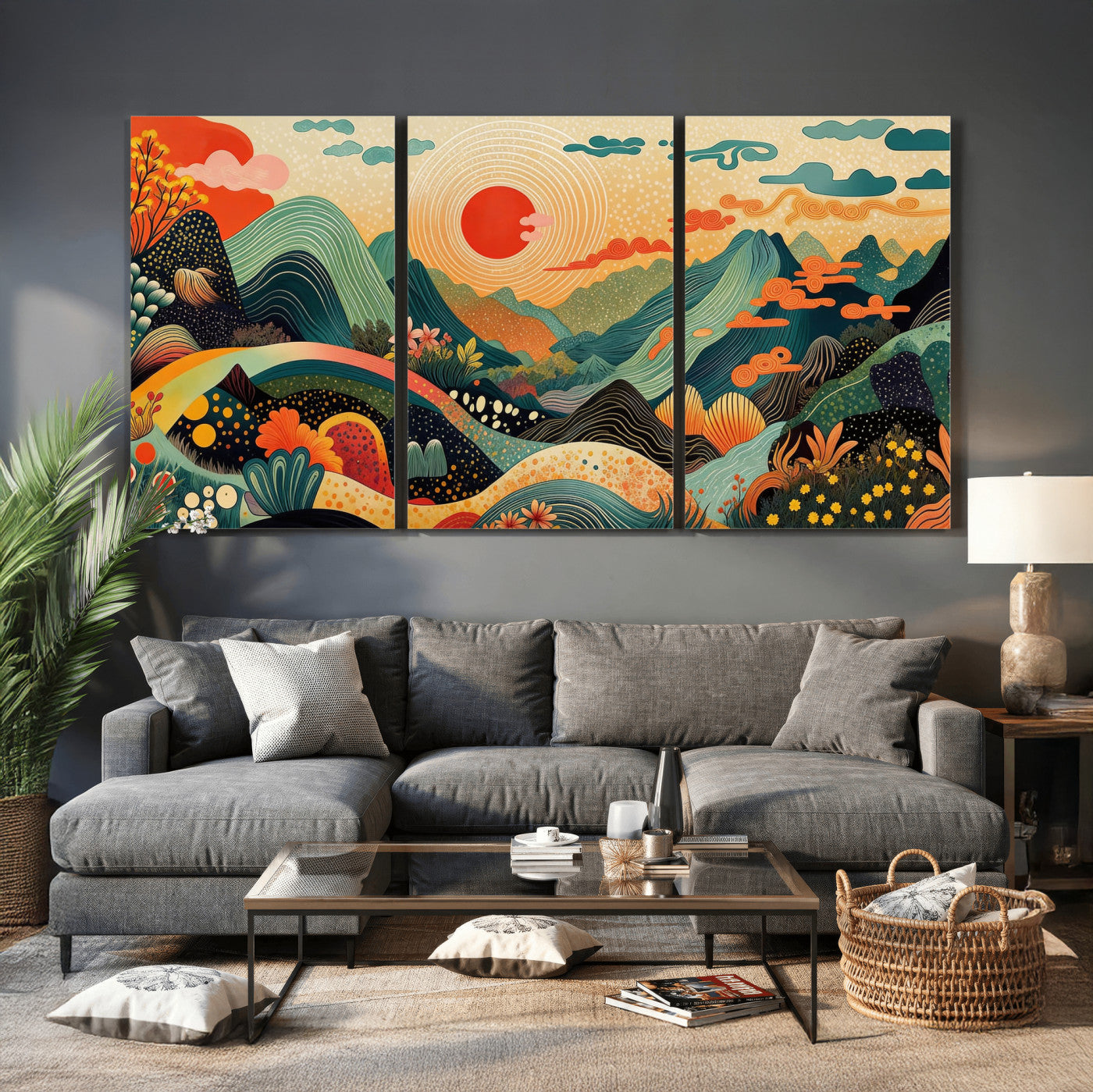 29927191-MGV-CV-36X24 - Yayoi Kusama Boho Mountain Landscape Large Wall Art, Horizontal Gold Framed Canvas Print with Sun and Flowers