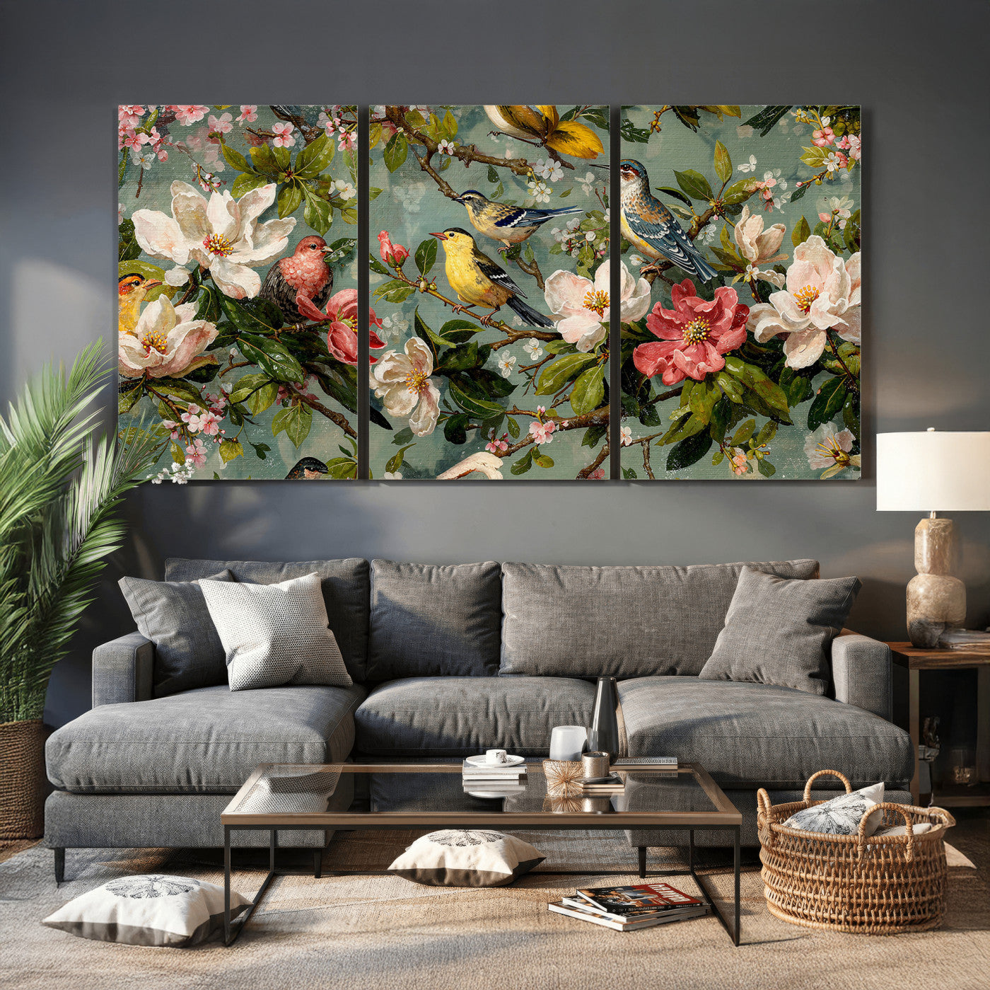 77883606-MGV-CV-36X24 - Vintage Birds and Flowers Wide Wall Art: Extra Large Panoramic Botanical Print