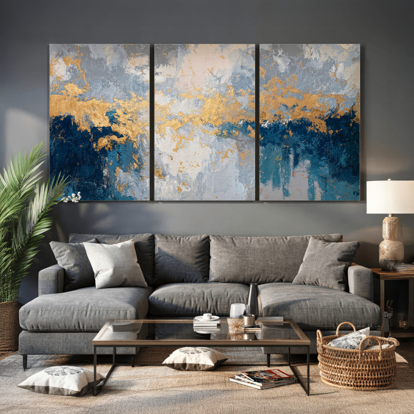 65386119-MGV-CV-36X24 - Blue Gold Abstract Large Framed Canvas Wall Art, Modern Luxury Painting Print in Horizontal Oversized Minimal Wall Decor Artwork