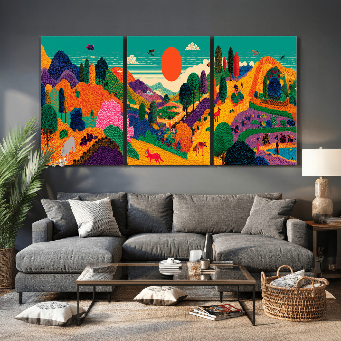 45710397-MGV-CV-48X32-3P - Colorful Japanese Landscape Print: Maximalist Panoramic Wall Art