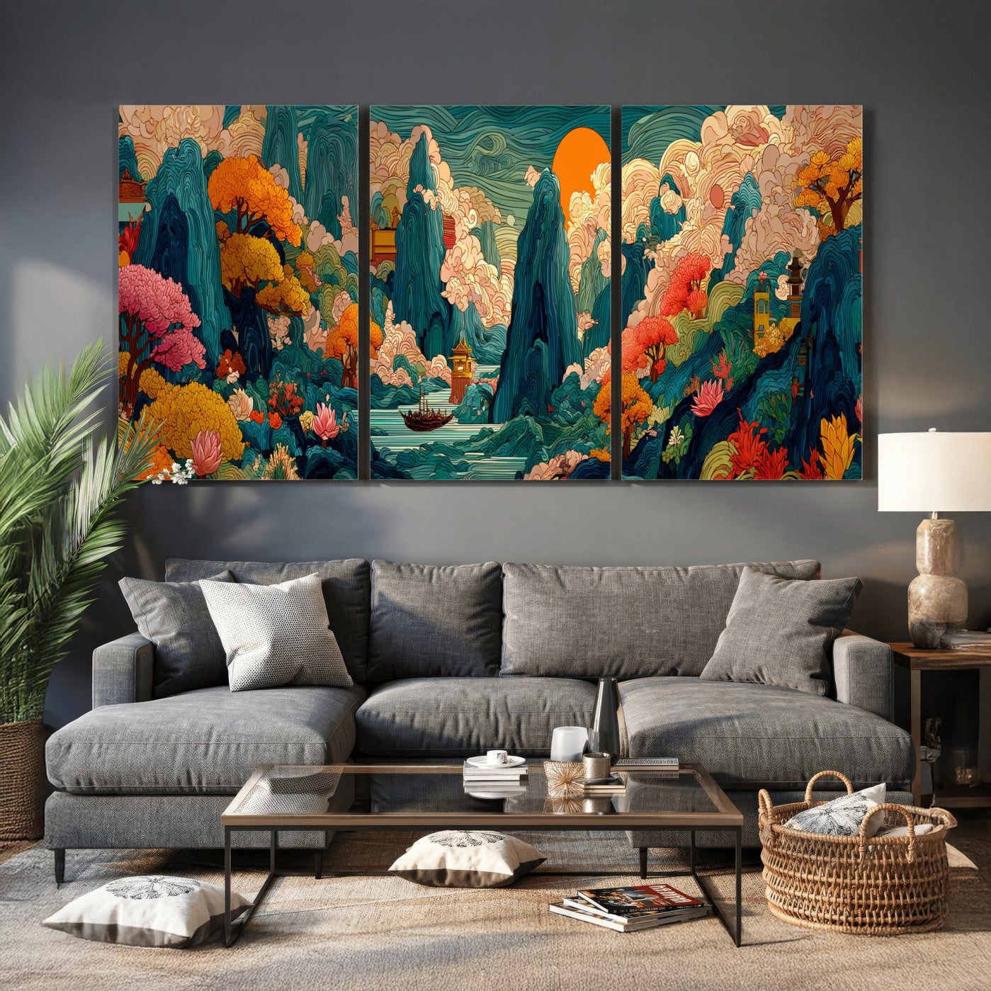 90422518-MGV-CV-48X32-3P - Colorful Japanese Landscape Print: Maximalist Panoramic Wall Art
