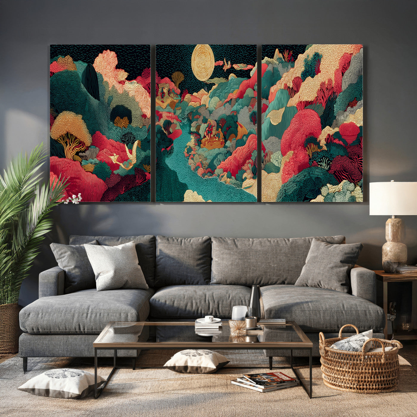 36816259-MGV-CV-48X32-3P - Colorful Japanese Landscape Print: Maximalist Panoramic Wall Art