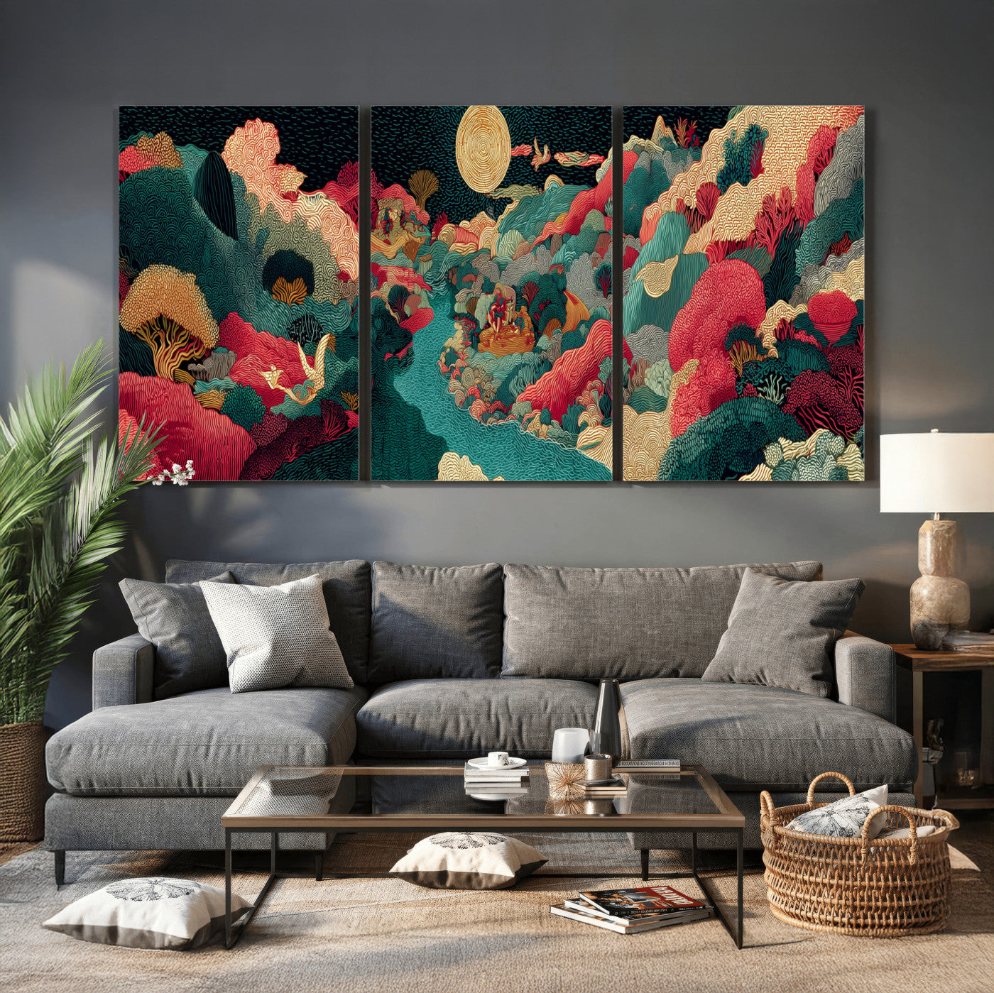 36816259-MGV-CV-48X32-3P - Colorful Japanese Landscape Print: Maximalist Panoramic Wall Art