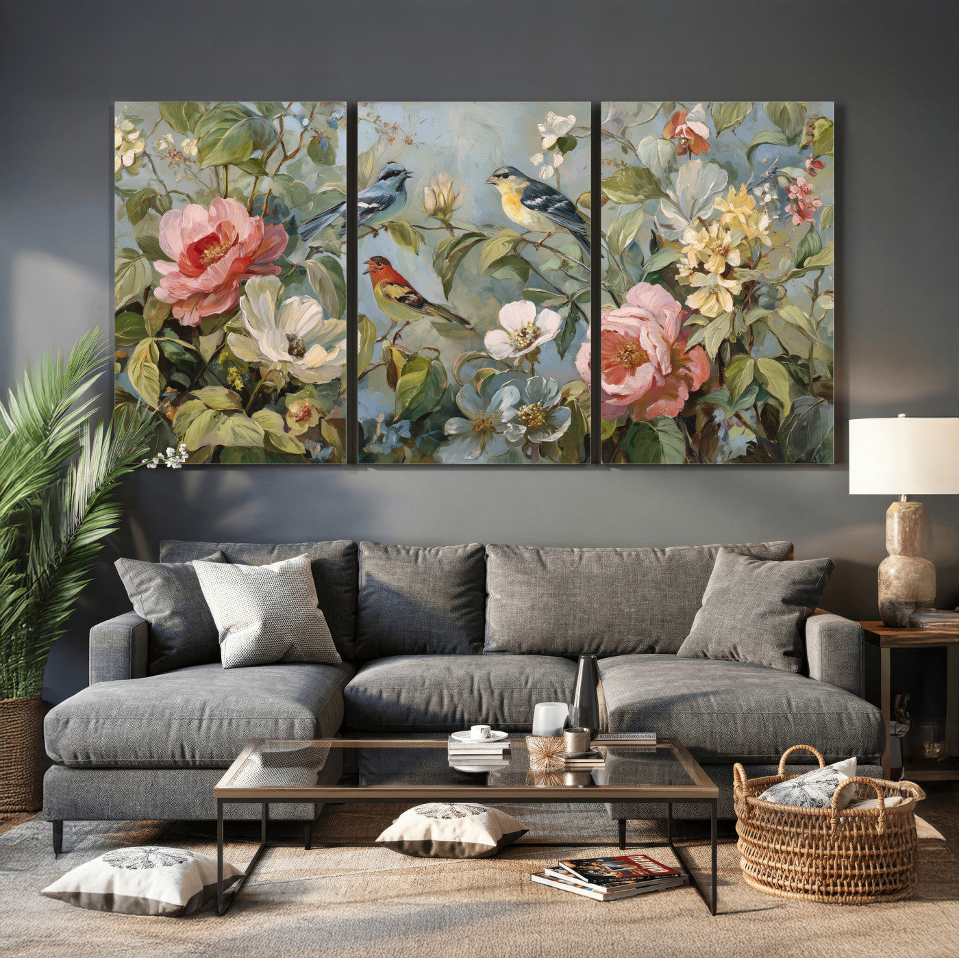 55440837-MGV-CV-36X24 - Vintage Birds and Flowers Wall Art Canvas Print, Botanical Bird Painting Canvas Print, Floral Garden Bird Artwork Canvas Print, Classic Bird Flower Painting Canvas Print