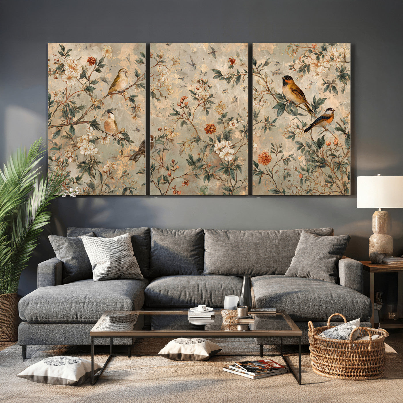 76588438-MGV-CV-36X24 - Vintage Birds and Flowers Wall Art Canvas Print, Botanical Bird Painting Canvas Print, Floral Garden Bird Artwork Canvas Print, Classic Bird Flower Painting Canvas Print
