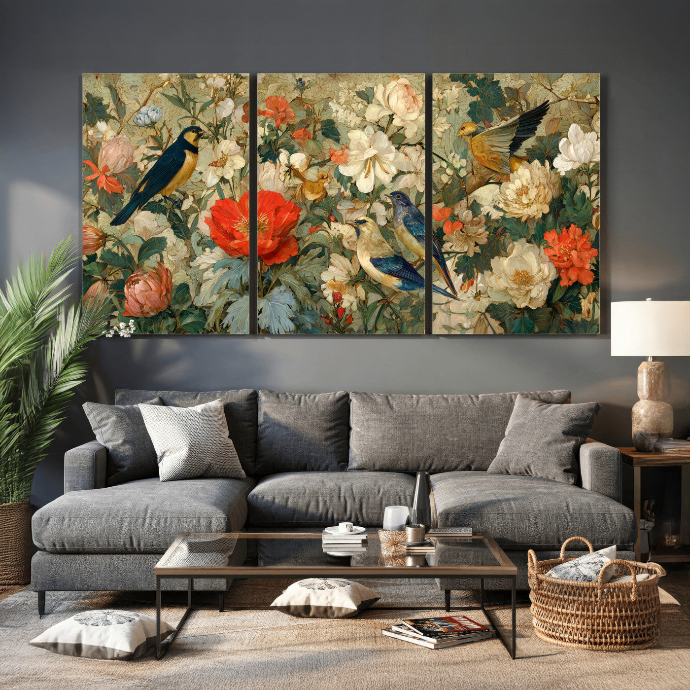 52904757-MGV-CV-36X24 - Vintage Birds and Flowers Wall Art Canvas Print, Botanical Bird Painting Canvas Print, Floral Garden Bird Artwork Canvas Print, Classic Bird Flower Painting Canvas Print