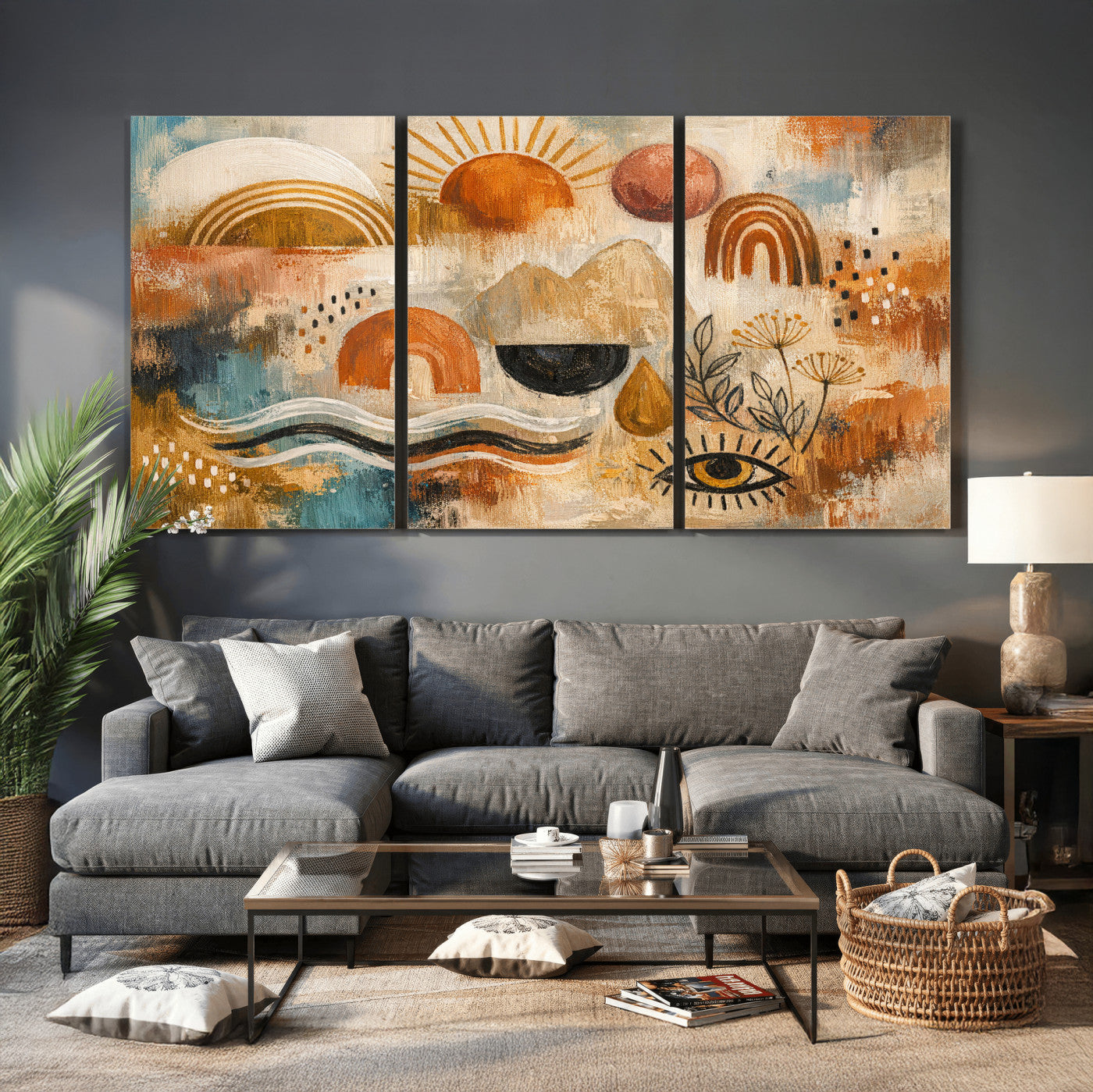 52155239-MGV-CV-36X24 - Geometric Boho Abstract Wall Art Canvas Print, Orange Blue Abstract Expressionist Painting Print, Modern Geometric Abstract Canvas Art