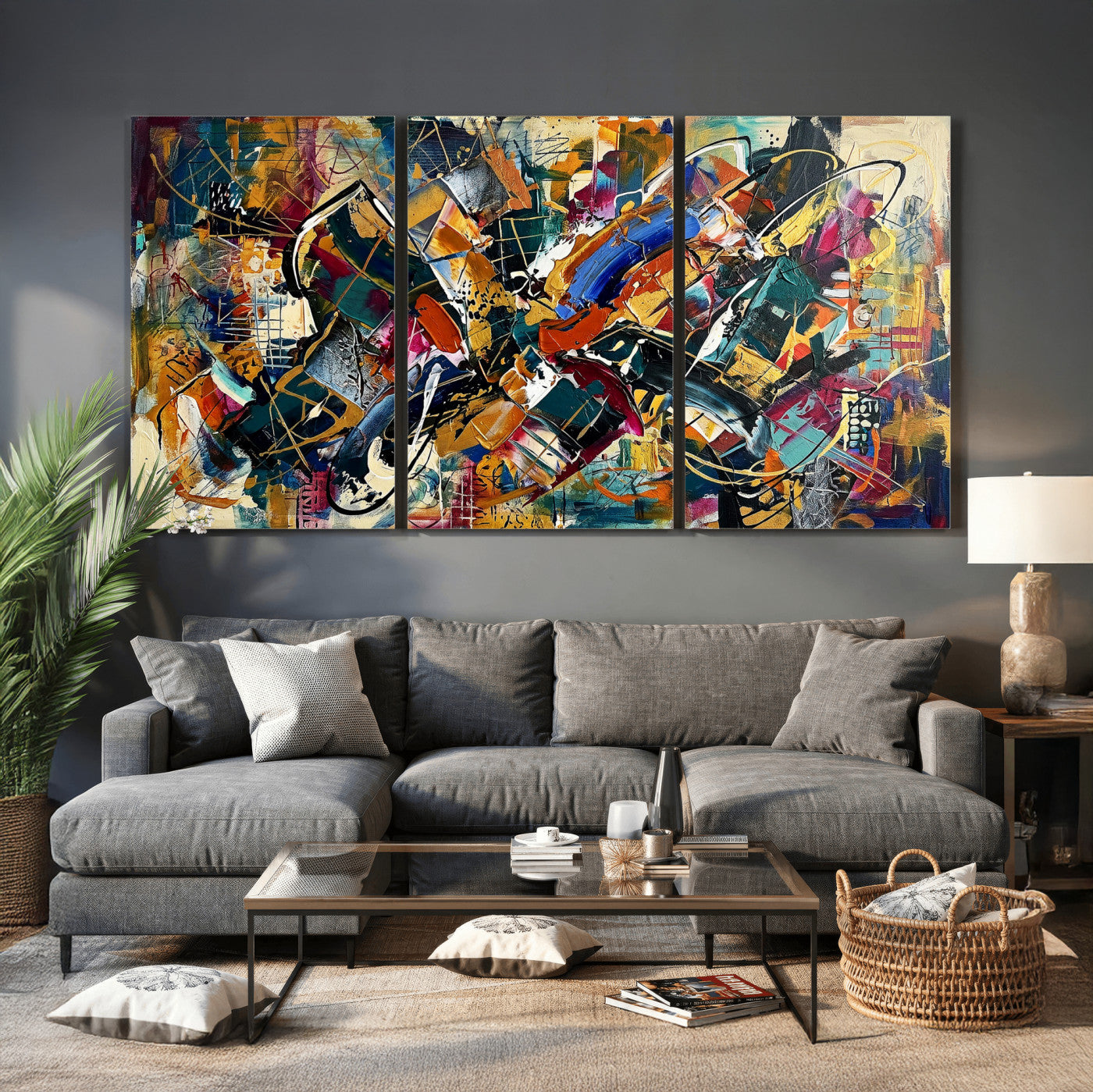 15525527-MGV-CV-36X24 - Geometric Abstract Wall Art Canvas Print, Orange Blue Abstract Expressionist Painting Print, Modern Geometric Abstract Canvas Art