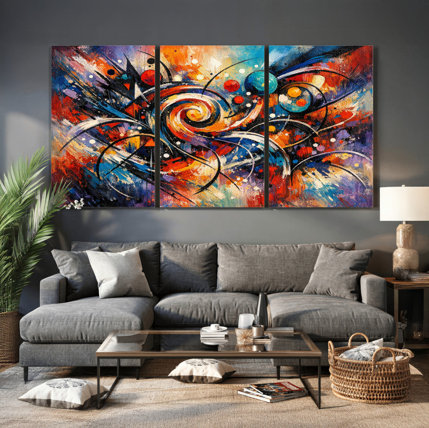 60193267-MGV-CV-36X24 - Geometric Abstract Wall Art Canvas Print, Orange Blue Abstract Expressionist Painting Print, Modern Geometric Abstract Canvas Art