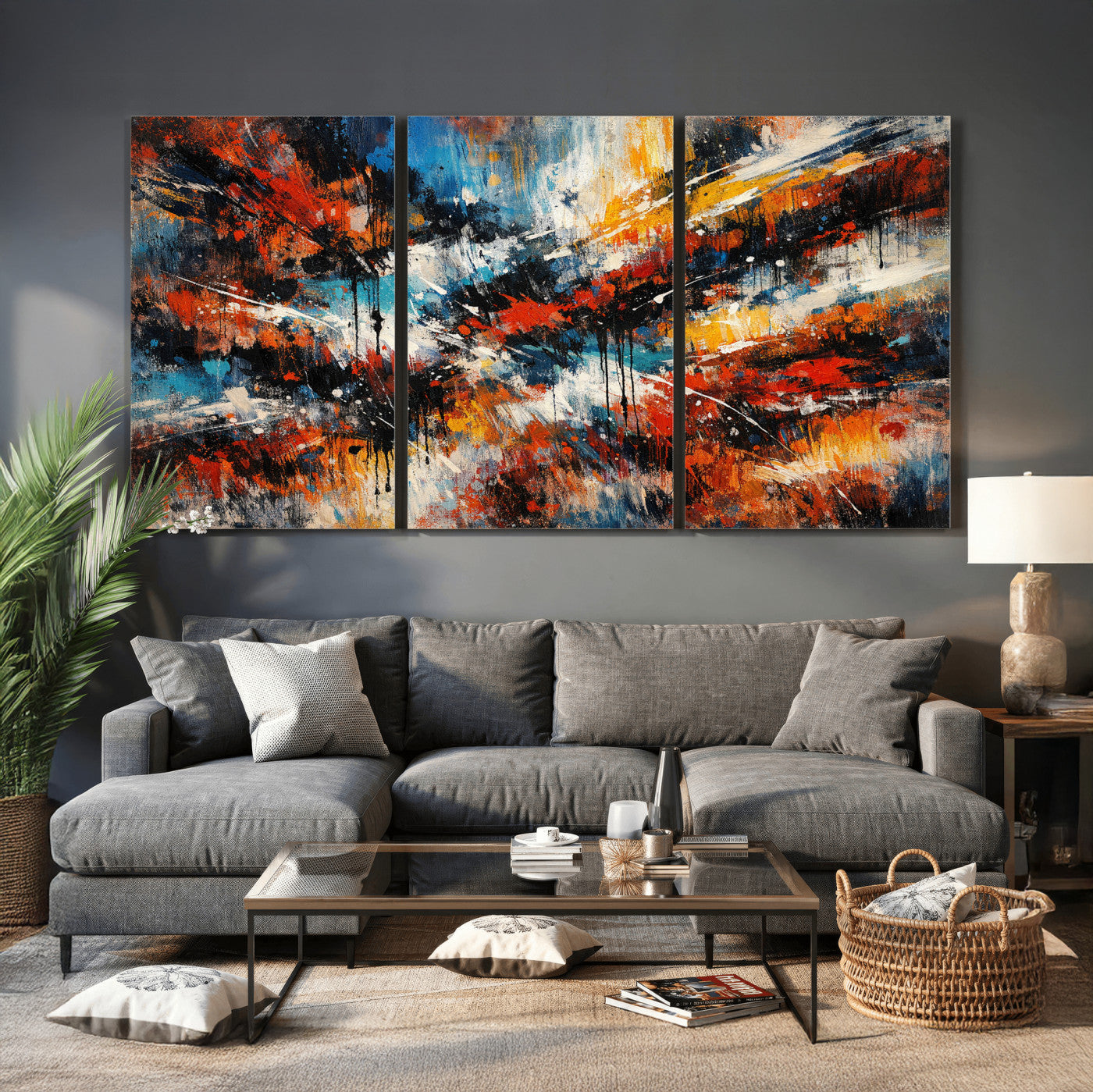 80276069-MGV-CV-36X24 - Geometric Abstract Wall Art Canvas Print, Orange Blue Abstract Expressionist Painting Print, Modern Geometric Abstract Canvas Art
