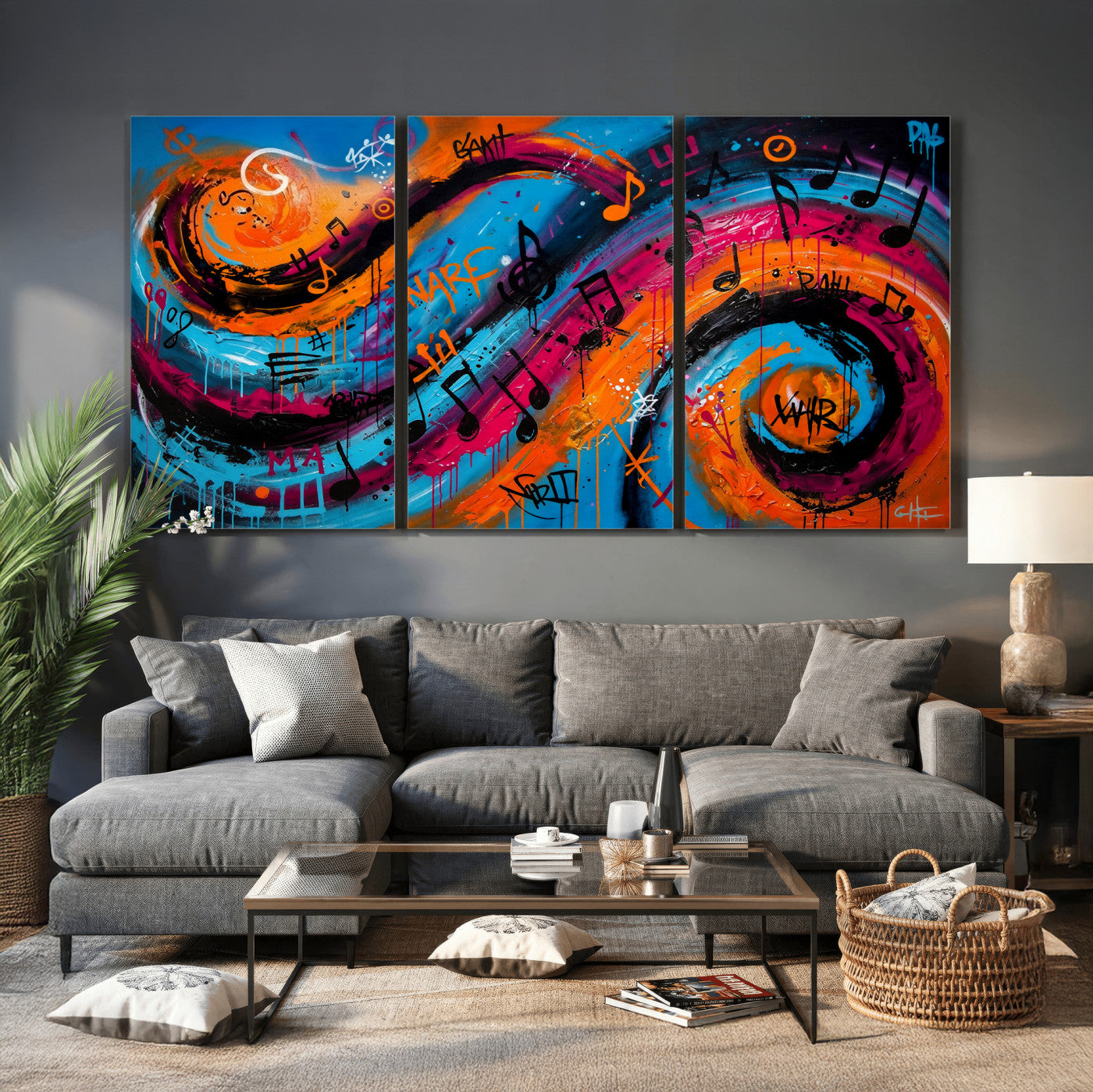 34936518-MGV-CV-36X24 - Geometric Abstract Wall Art Canvas Print, Orange Blue Abstract Expressionist Painting Print, Modern Geometric Abstract Canvas Art