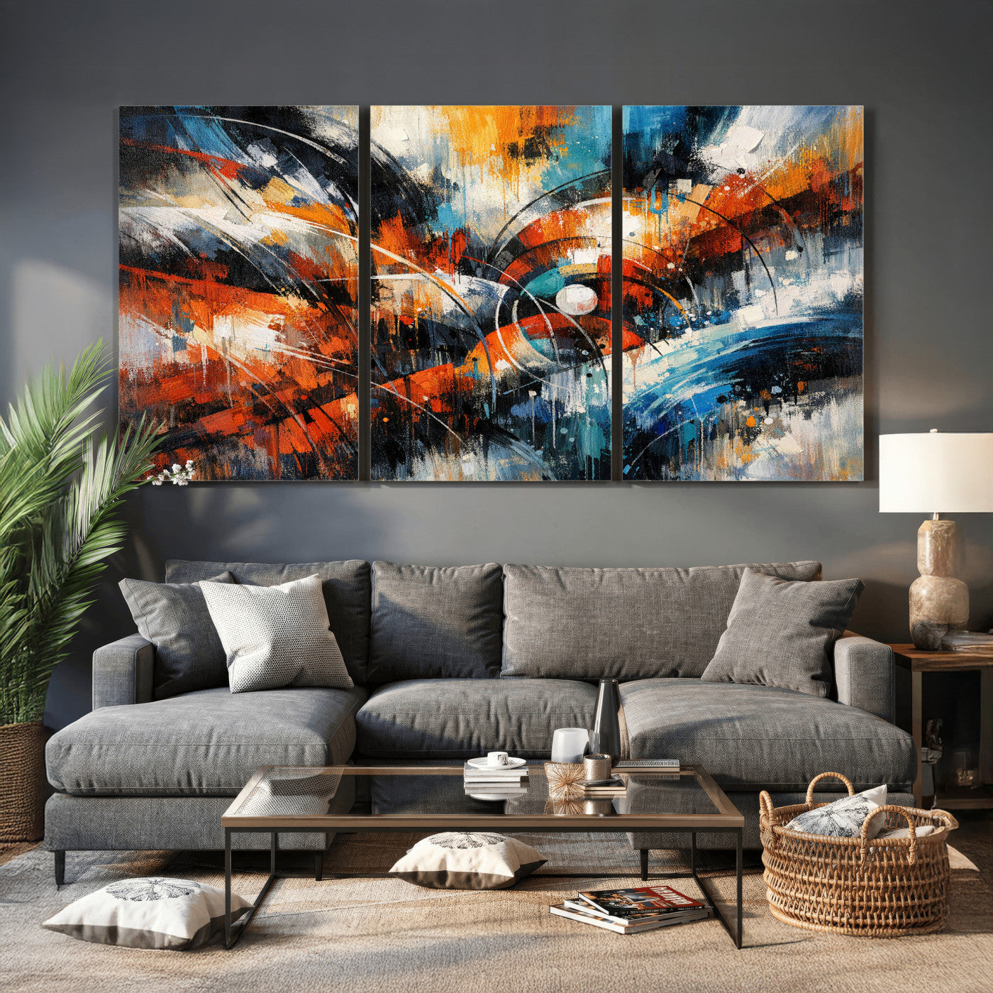 47120691-MGV-CV-36X24 - Geometric Abstract Wall Art Canvas Print, Orange Blue Abstract Expressionist Painting Print, Modern Geometric Abstract Canvas Art