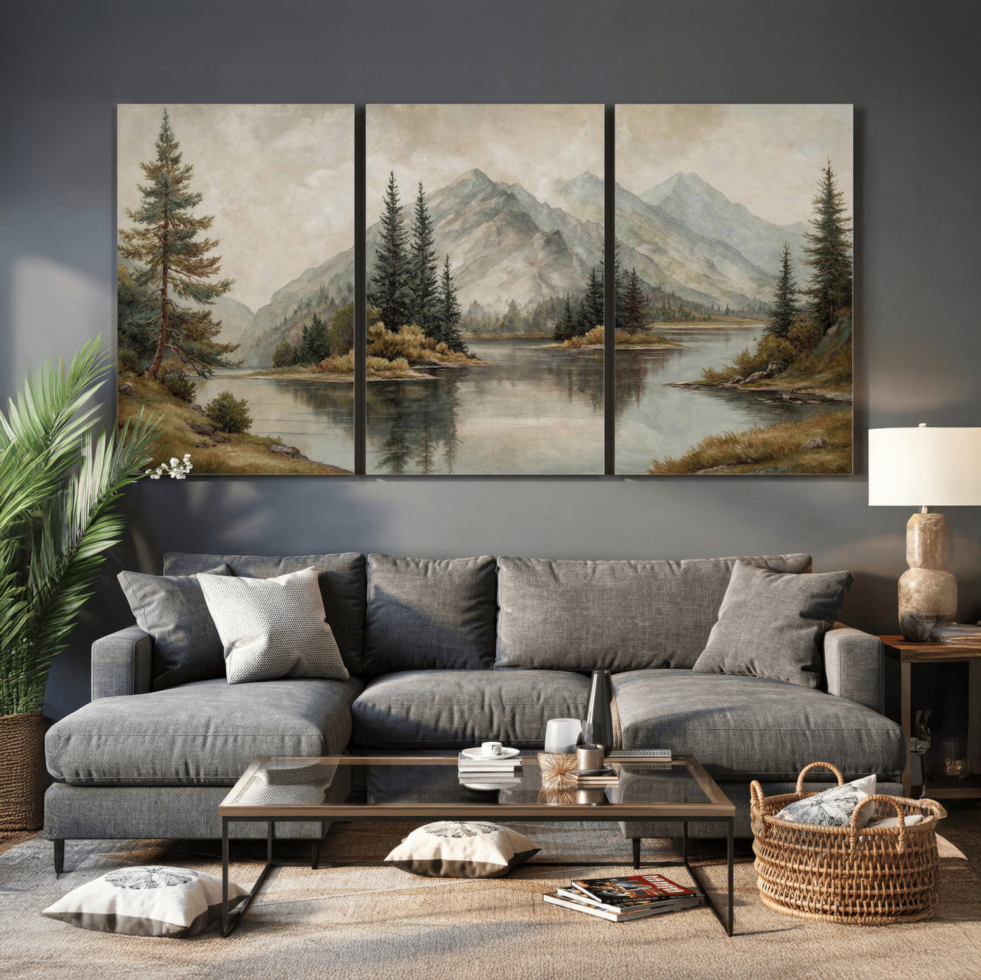 4712069V1-MGV-CV-60X30-3P - Vintage Mountain Landscape Wall Art Canvas Print Set, Rustic Nature Triptych Canvas, Neutral Lake Forest Mountain Wall Decor
