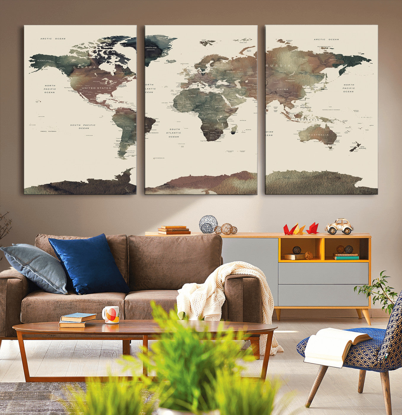 -Neutral Watercolor World Map Canvas Wall Art – Framed Earth Tone Map Print, Minimalist Travel Artwork for Modern Home and Office Decor
