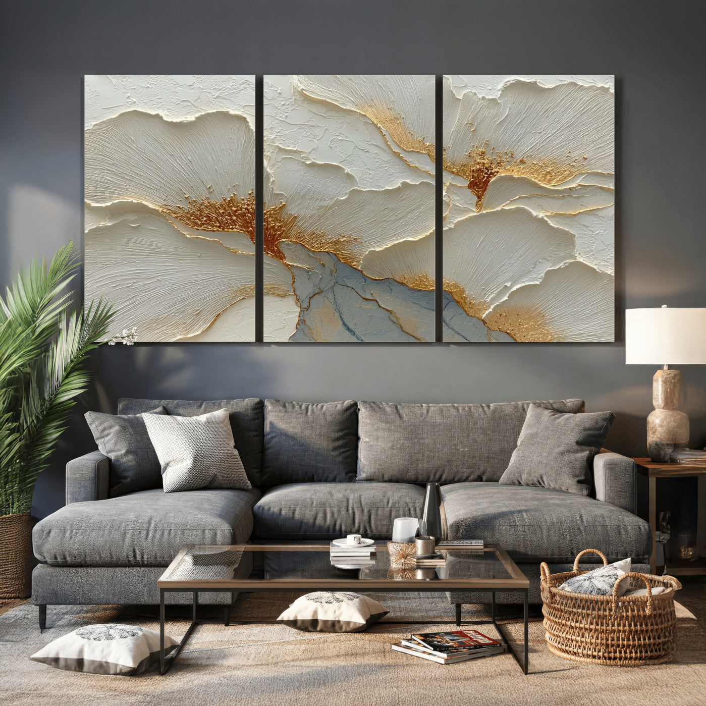 4712069F1-MGV-CV-36X24 - White Gold Floral Canvas Wall Art — Textured Flower Print | Luxury Botanical Decor | Elegant Bedroom Art | Gold Leaf Wall Art Gift