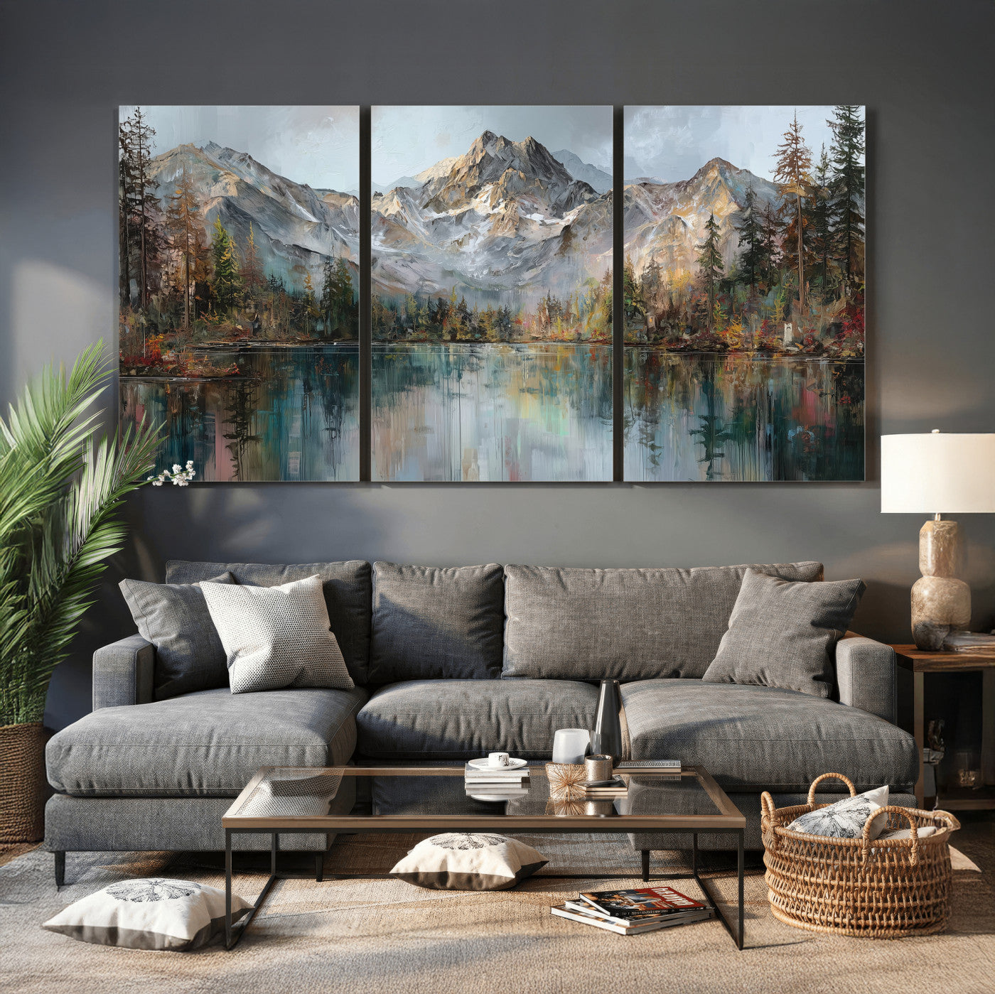 15527546-MGV-CV-60X30-3P - Drip Style Forest Lake Gold Art — Abstract Expressionist Mountain Print | Grey Pine Tree Canvas | Moody Nature Wall Decor | Large Panoramic Art