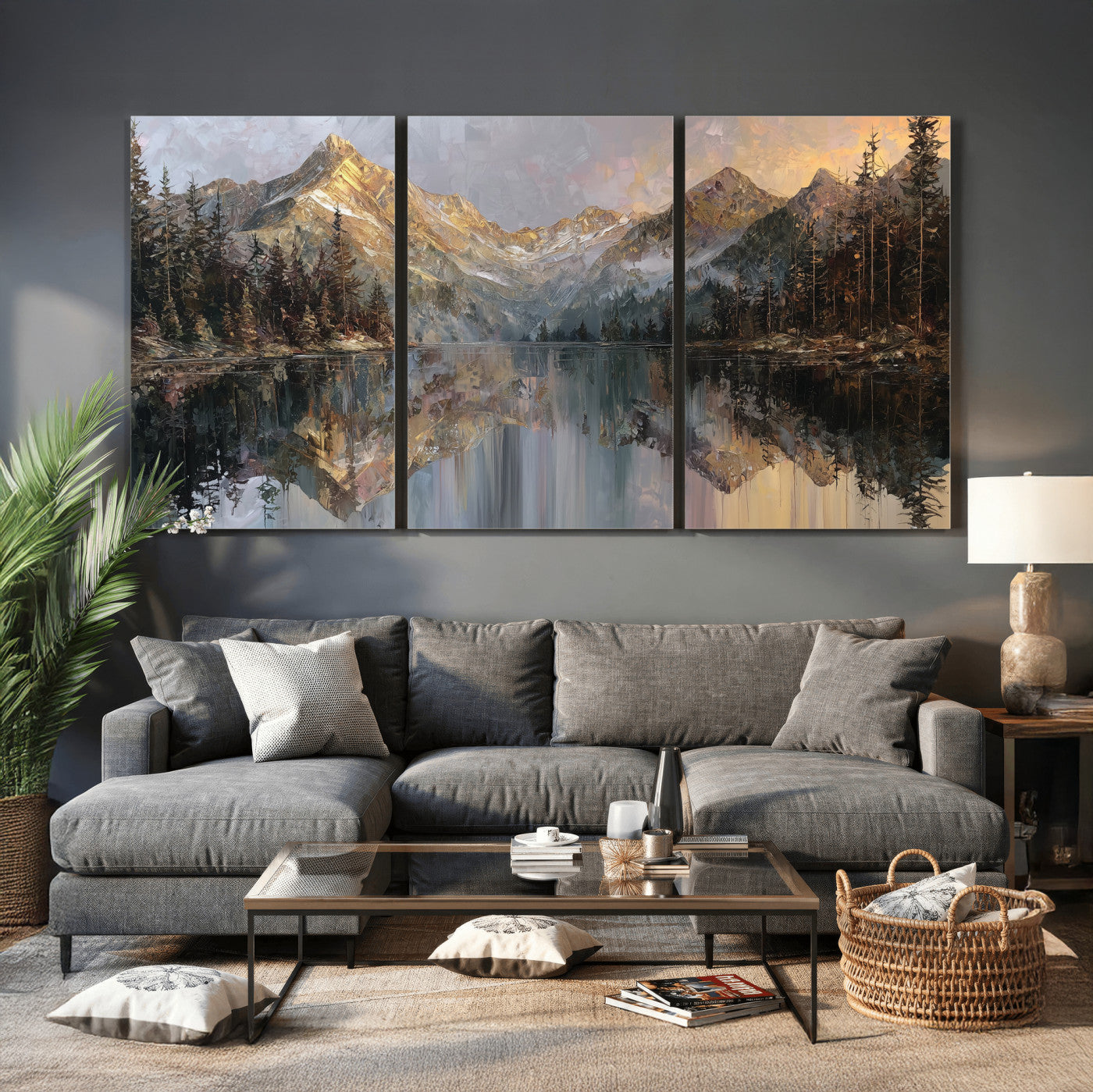 37675699-MGV-CV-60X30-3P - Drip Style Forest Lake Gold Art — Abstract Expressionist Mountain Print | Grey Pine Tree Canvas | Moody Nature Wall Decor | Large Panoramic Art