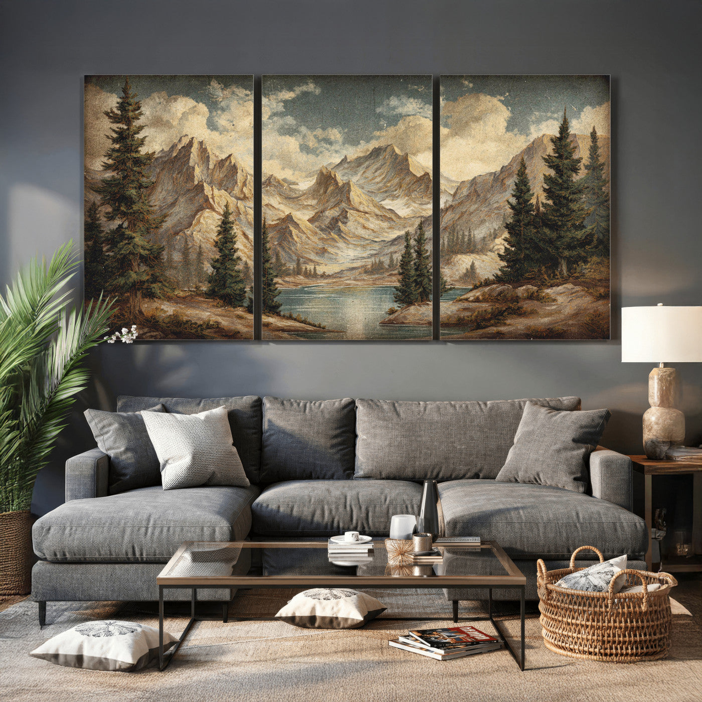 62093020-MGV-CV-60X30-3P - Drip Style Forest Lake Gold Art — Abstract Expressionist Mountain Print | Grey Pine Tree Canvas | Moody Nature Wall Decor | Large Panoramic Art