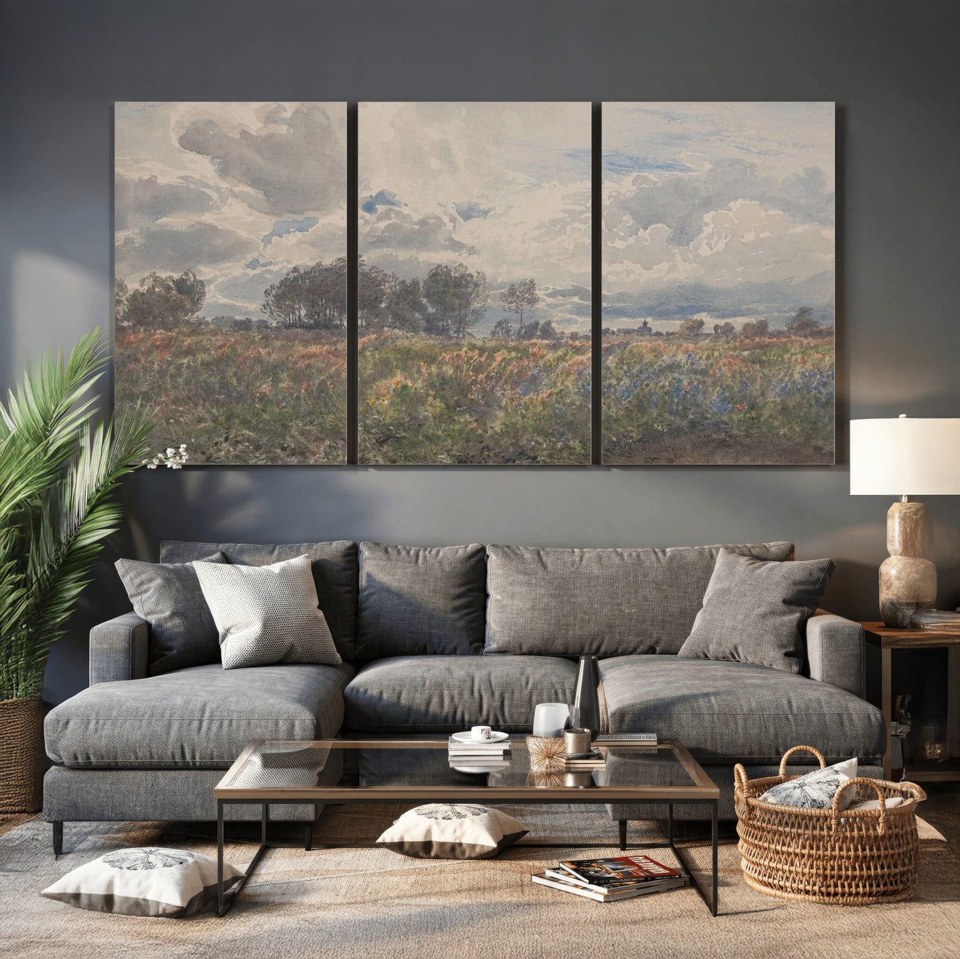 76626885-MGV-CV-36X24 - Vintage Watercolor Meadow Canvas Wall Art — English Pastoral Wildflower Storm Sky Print | Cottagecore Nature Decor | Classic Landscape Gift
